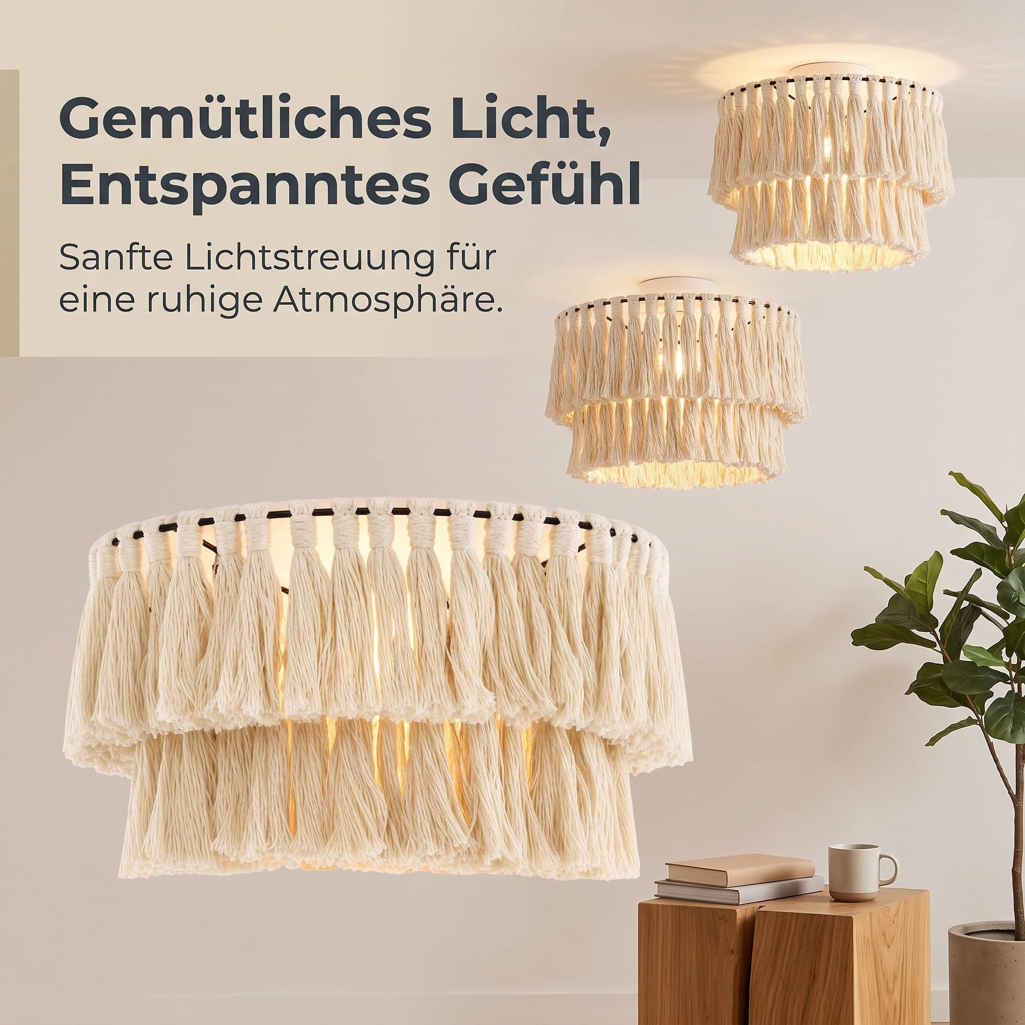 Makramee Lampenschirm für Hängelampe – Baumwolle Handgewebt – Wohnzimm, 30 * 25cm (2 Schichten)