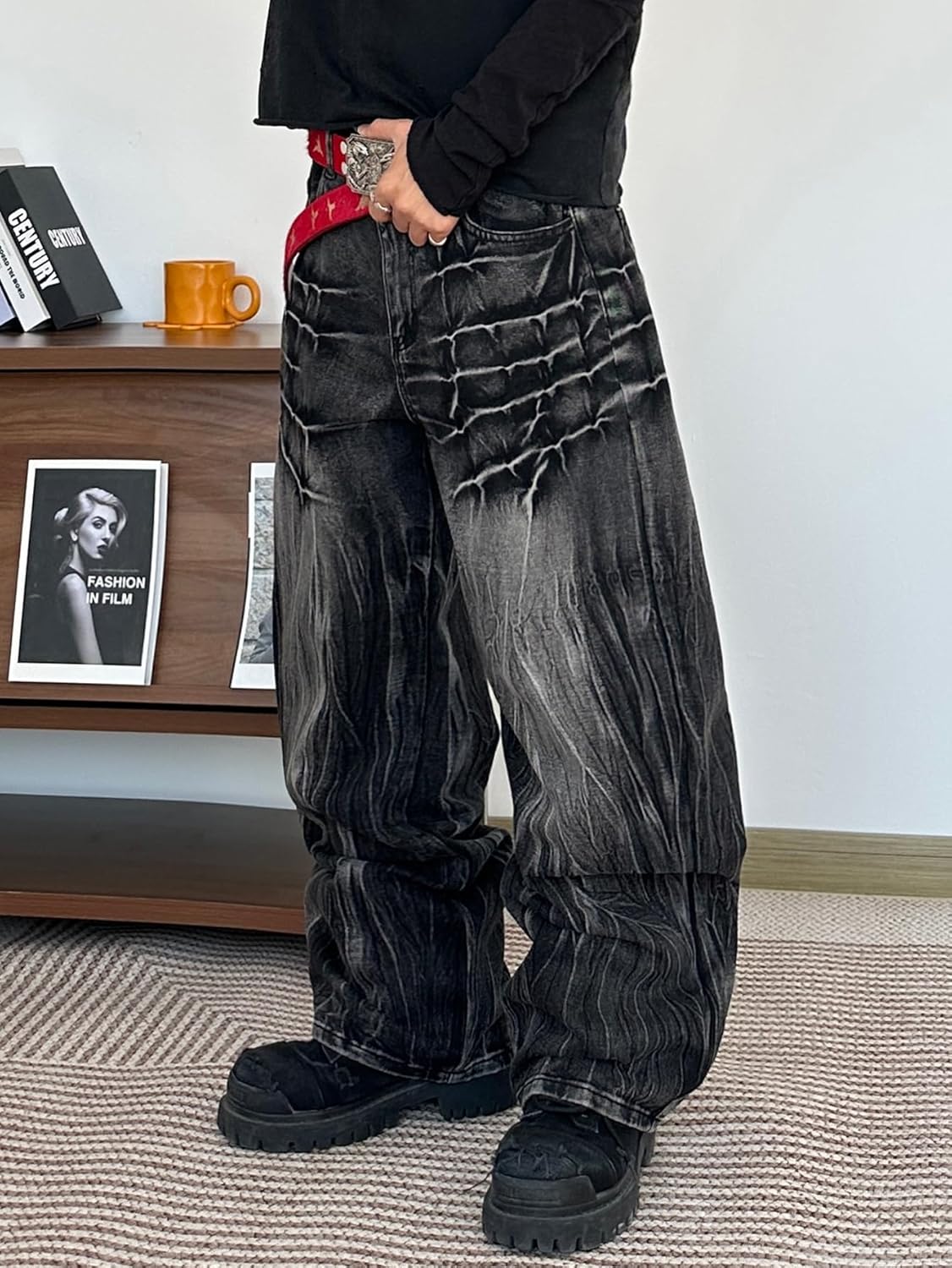 Mens Streetwear Hip Hop Baggy Jeans Wide Leg Skater Denim Pants Loose Long Trousers - Image 4