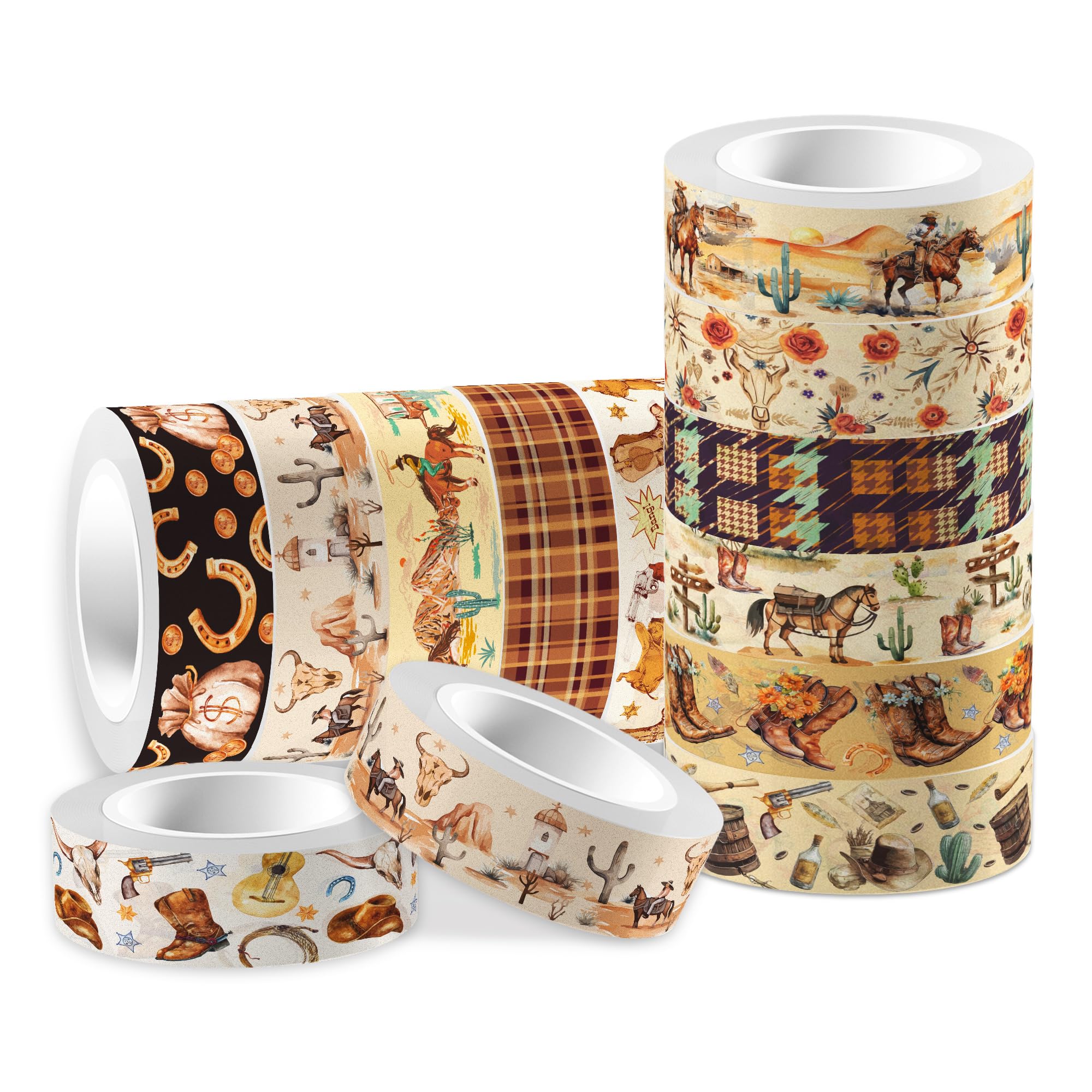 JOINFANXIN 12 Rolls Western Cowboy Washi Tape, Cowboy Themed Vintage Decorative Tape for Journals, Planners, Scrapbooking, Packaging, Party Supplies,