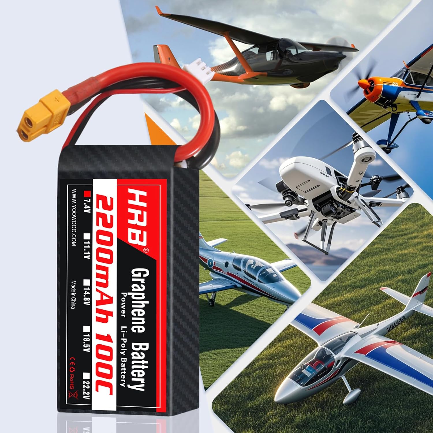 HRB 2S 2200mAh Lipo Battery XT60 100C 7.4V Graphene RC Lipo Battery Compatible with RC Car RC Truck RC Boat RC Airplane RC Helicopter