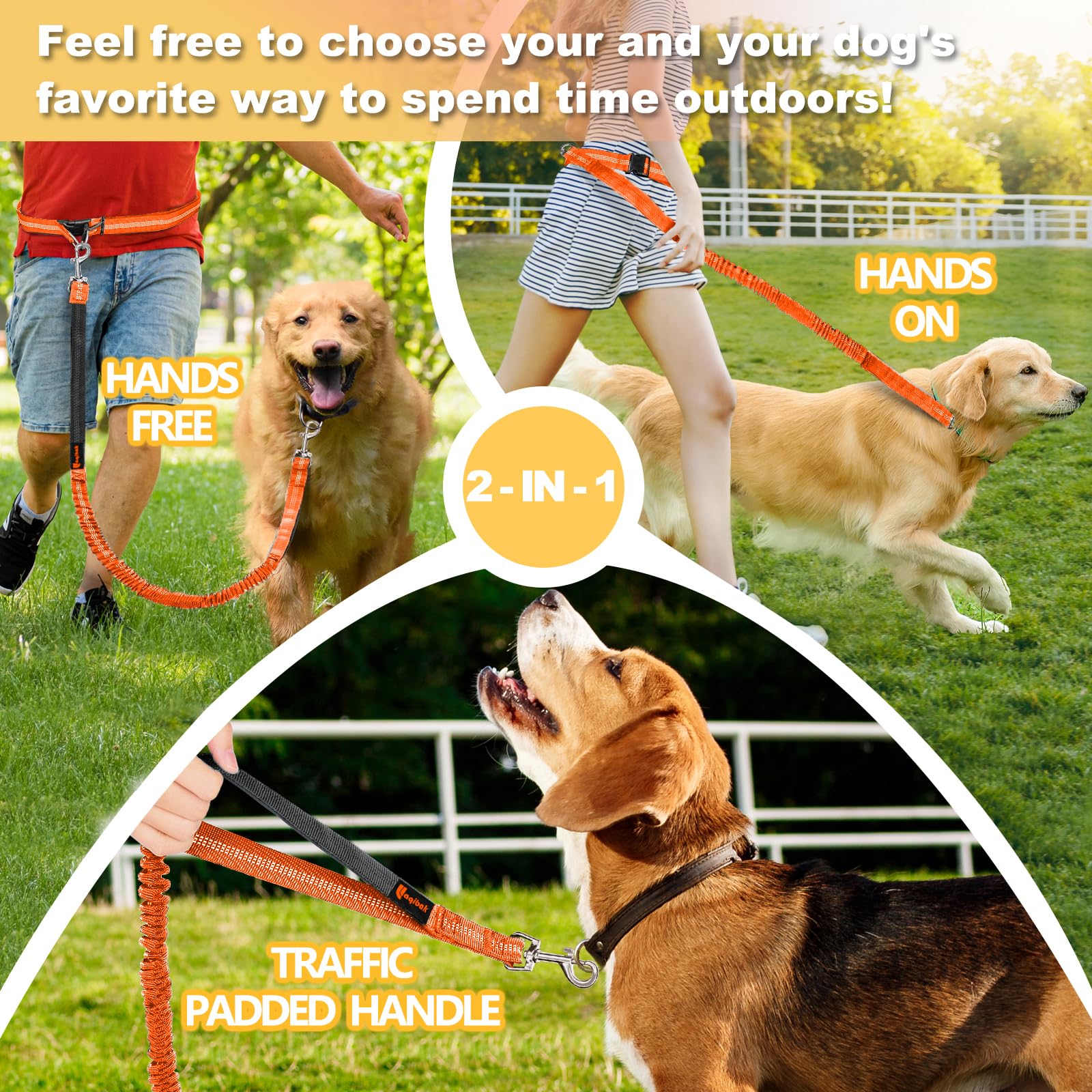 Hands Free Dog Leash, Adjustable Waist Leash for Dog Walking, Dual Bungee 4.2-6.7 Feet Long with Reflective Stitches for Walking Hiking Running, Fits 26"- 43" Inch Waist, Orange - image 7