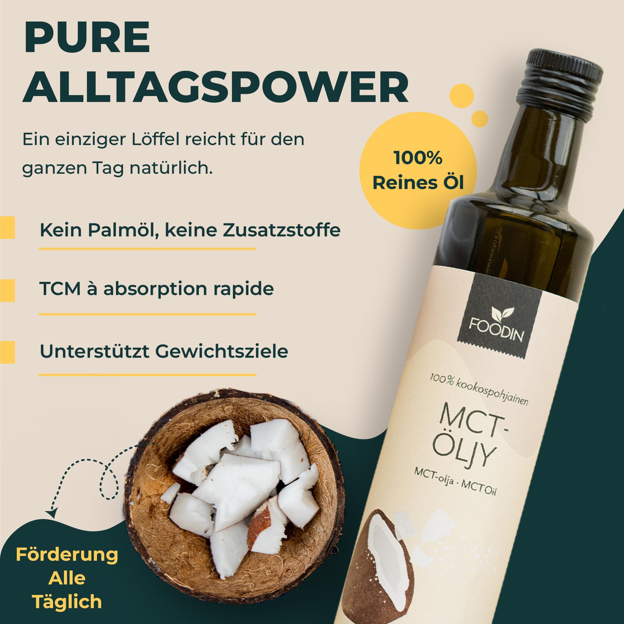 FOODIN MCT Öl 1000ml (2 x 500 ml) aus 100% Kokosöl, Medium-Chain Triglyceride (MCT) Oil, Hergestellt aus produzierter Kokosnuss, 100% glutenfrei und vegan, Ideal für Ketogene Ernährung