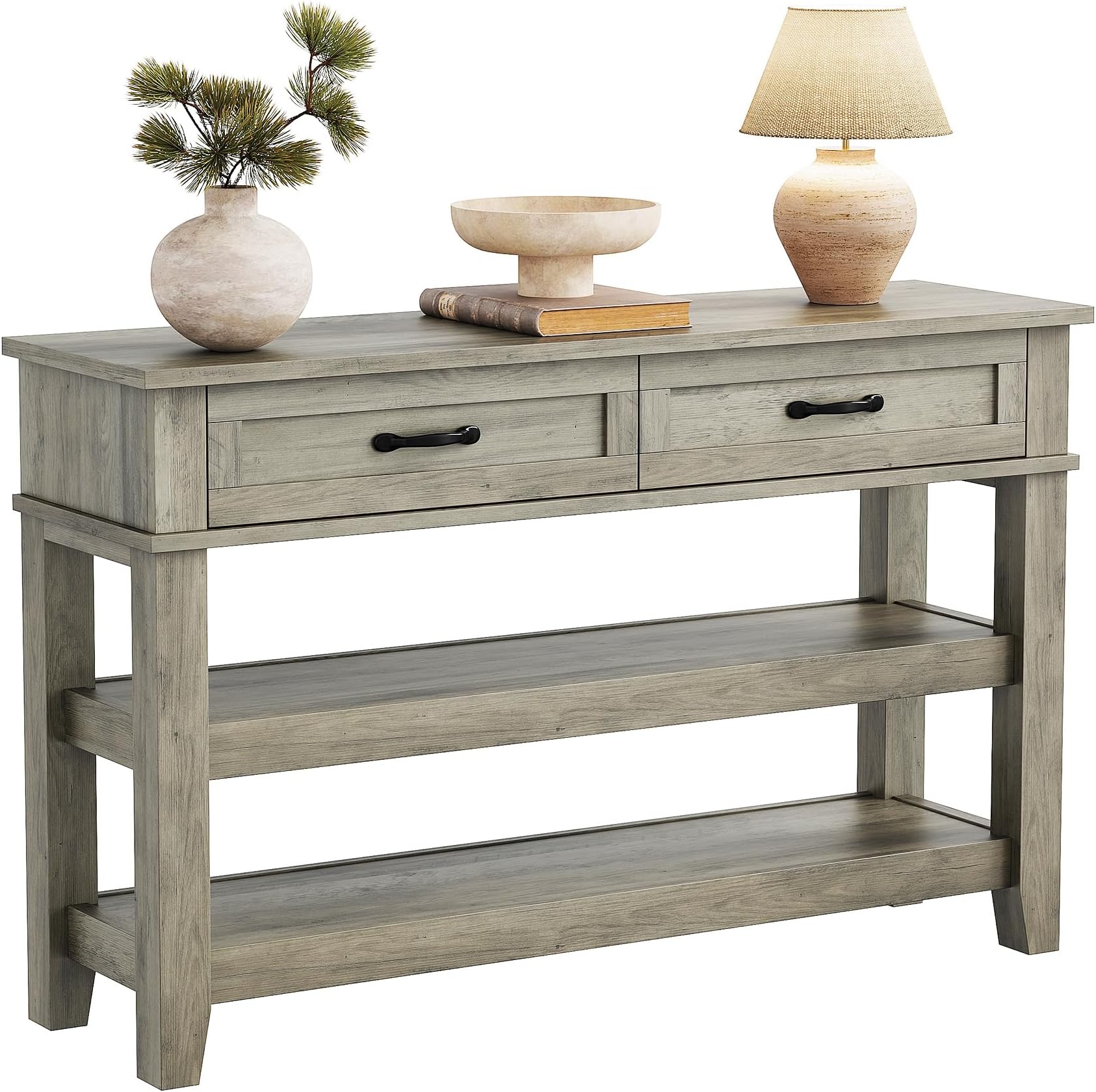 Amyove Farmhouse Entryway Table, Console Table with 2 Storage Drawers, 3 Tier Farmhouse Wooden Sofa Table, Hallway Table for Entryway, Living Room-Grey