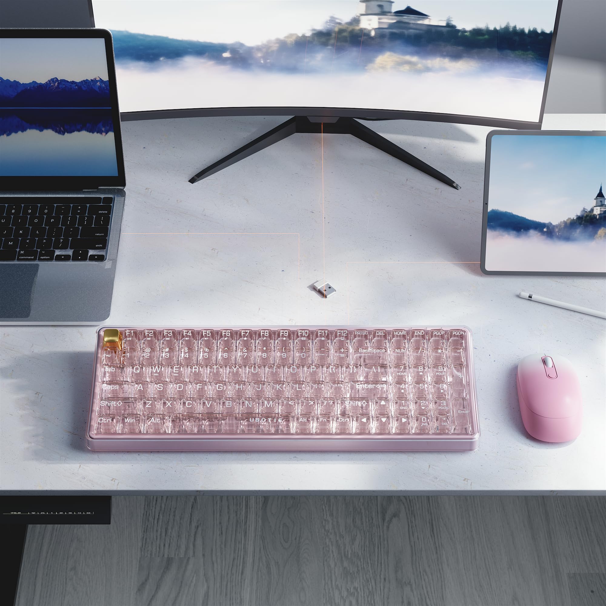 Wireless Transparent Keyboard and Mouse Combo, UBOTIE Pink 100keys 2.4GHz USB Receiver Keyboard Mouse Set with Adjustable DPI Optical Mouse for PC Laptop