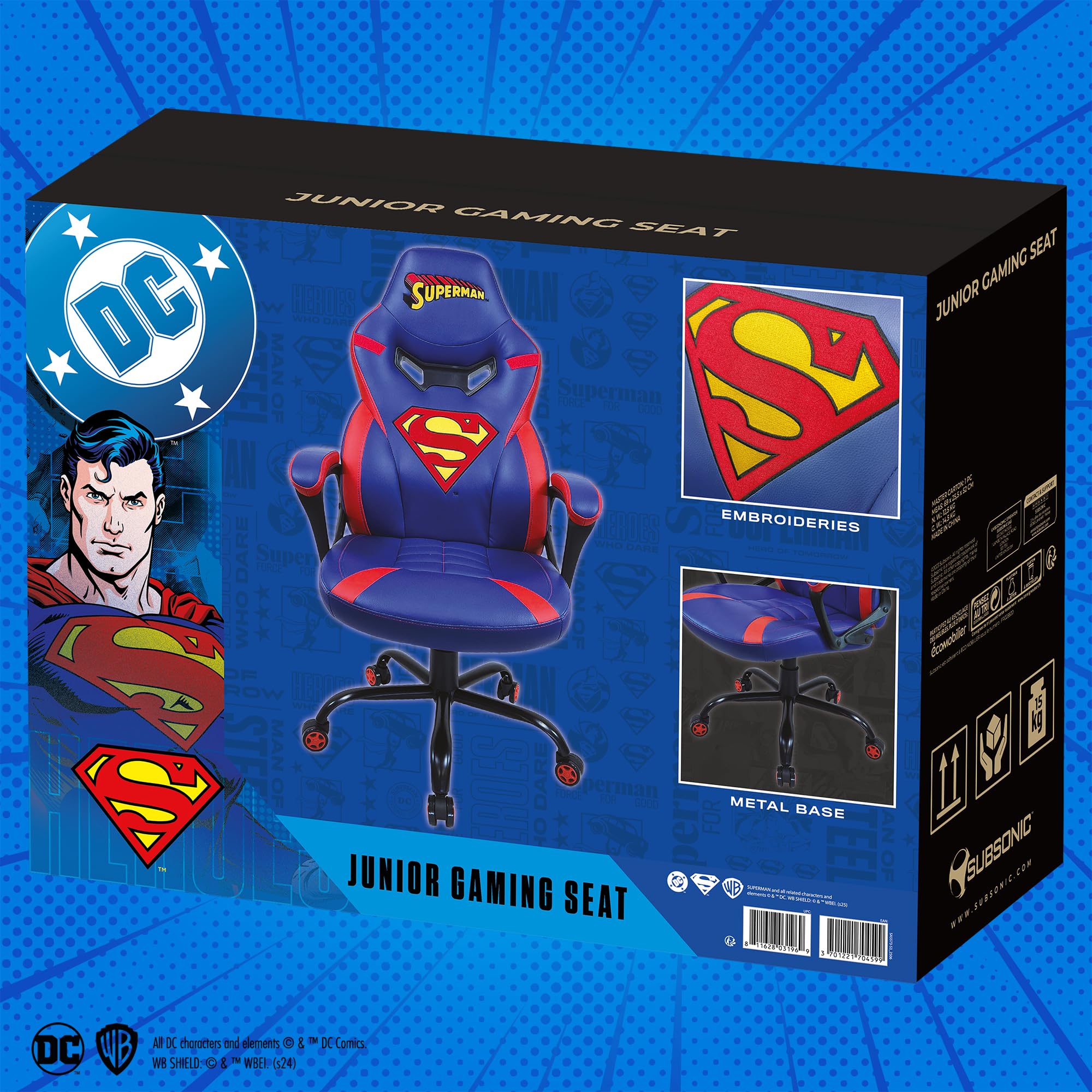SUBSONIC - Sedia da gaming, sedia da ufficio Superman, sedia da gaming per bambini, comoda seduta a dondolo, poggiatesta e braccioli integrati, schienale ergonomico, altezza regolabile - Blu e rosso