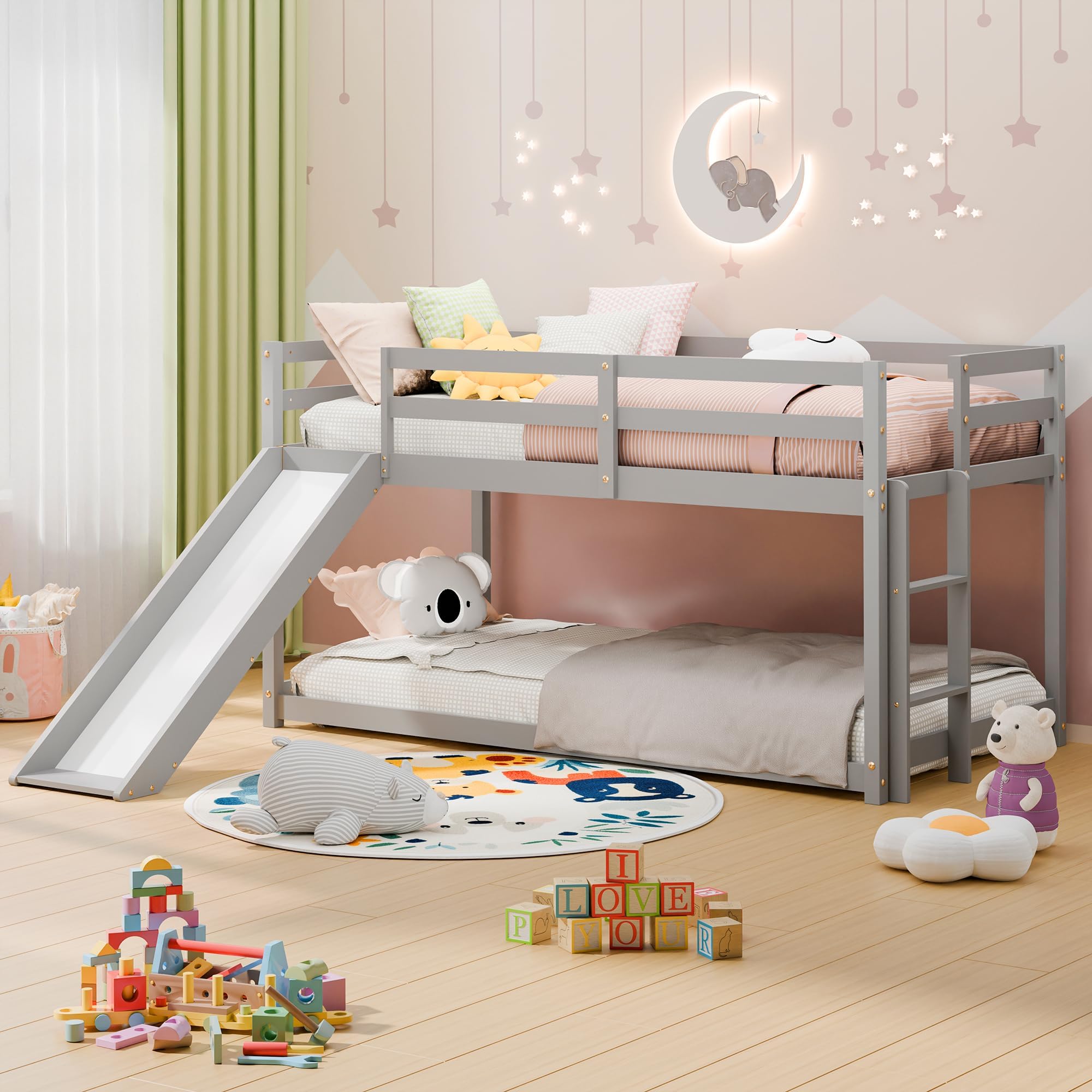 MU Low Bunk Bed with Slide, Twin Over Twin Bunk Bed, Solid Wood Bed Frame with Climbing Ladder & Safety Guard Rail, Floor Loft Bed with Storage Space for Kids Toddler, Grey
