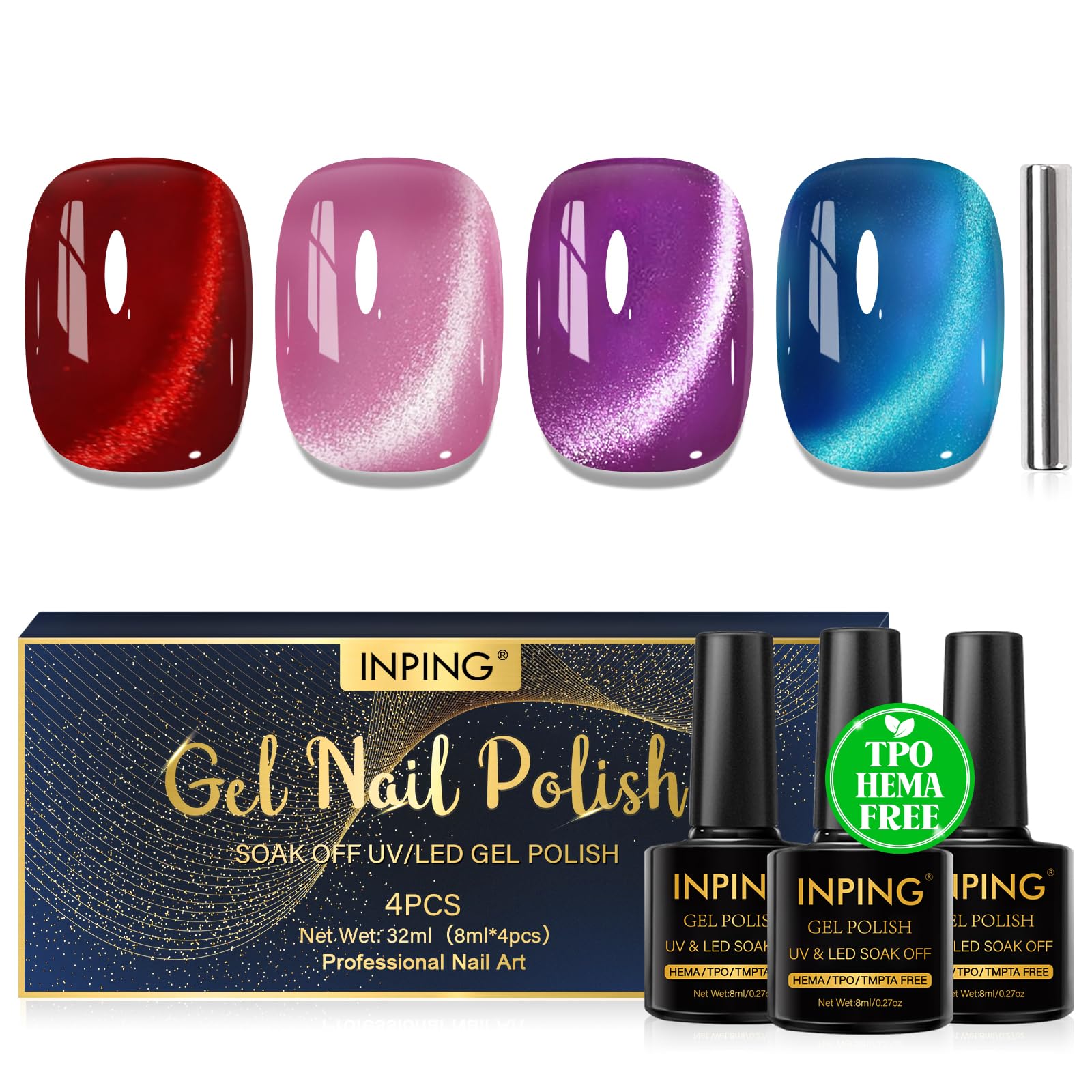 INPING UV Nagellack CatEye Magnet, TPO-FREE HEMA-FREE,4 Farben Rot Rosa Violett blau Jelly Kristalle Cat Eye UV Gel mit Magnet Soak-Off UV/LED Gel Nagellack UV Set, Ideal Geschenk, 8 ML