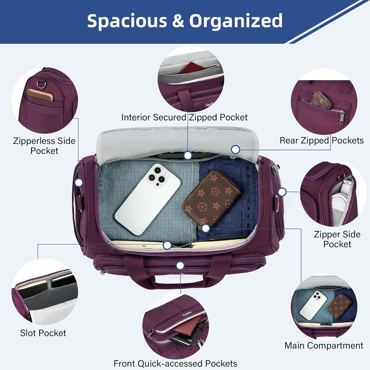 Carry on Duffel Bag Foldable Duffle Bags for Travel, Under Seat Personal Item Bags for Airplanes, Weekender Overnight Mens Travel Tote Bag for Women Small Softside Carry on Luggage (Purple) - Image 4