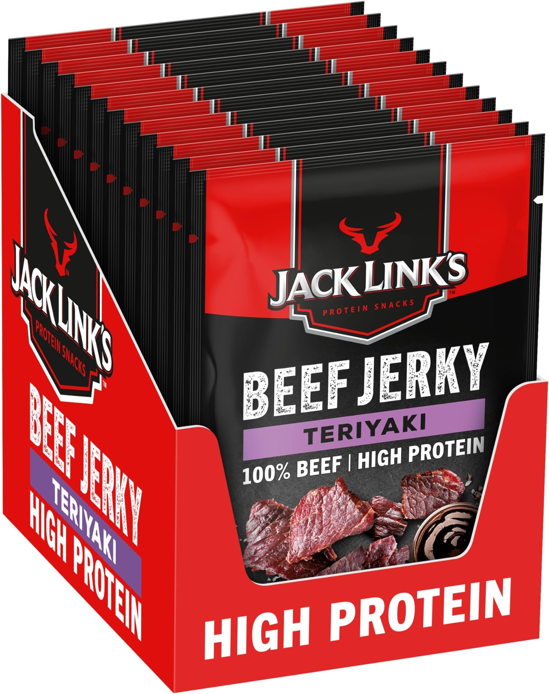 Jack Link’s Beef Jerky Teriyaki - 12-Pack (12 x 40 g) - Dried Meat Protein Snacks - High-Protein Snack for Gym, Fitness, Outdoor - American Food for People - Jerky Chips Made from Beef