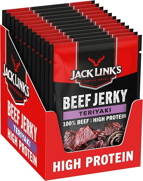 Jack Links Beef Jerky Teriyaki (12 x 40 g) - Viande séchée - Riche en protéine snack - Charcuterie - Viande de boeuf - Boeuf séché - En-cas hyperprotéinés à emporter ou à consommer en salle de sport