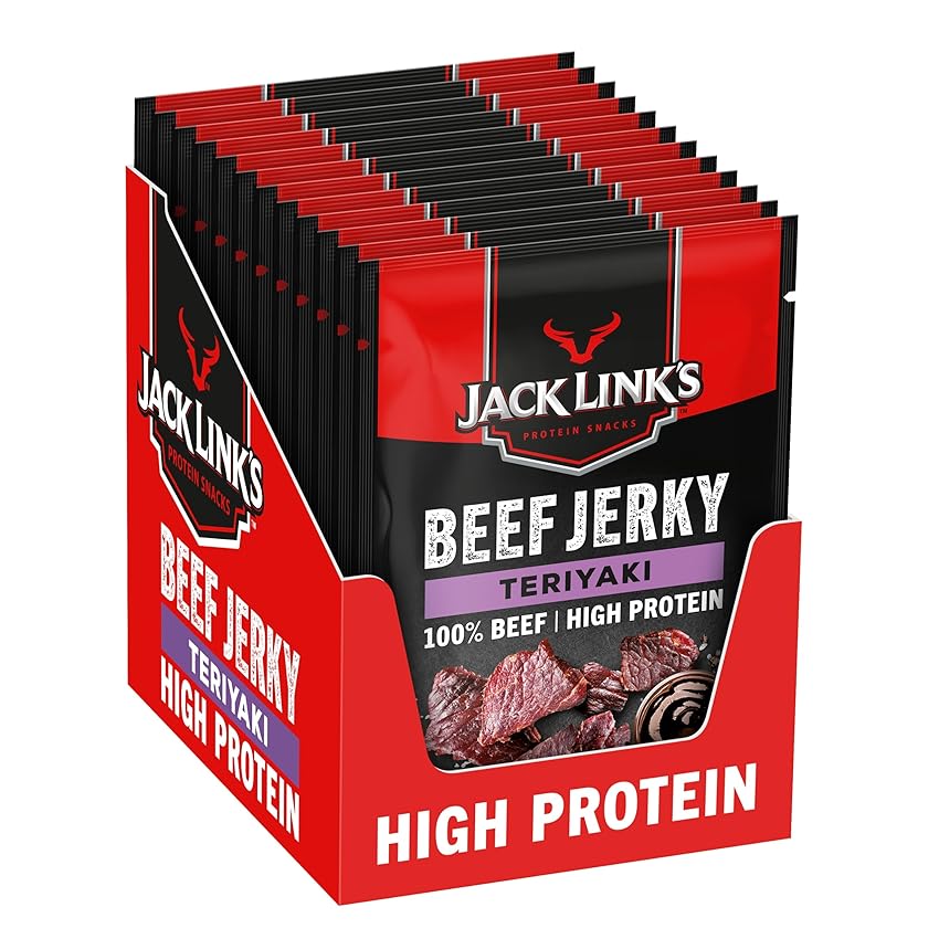 Jack Links Beef Jerky Teriyaki (12 x 40g) – Snack Proteine di Carne Secca per umani - Americani Protein Food - American Proteici Snacks - Carne Essiccata Proteico - Ideale in Palestra o All'aperto