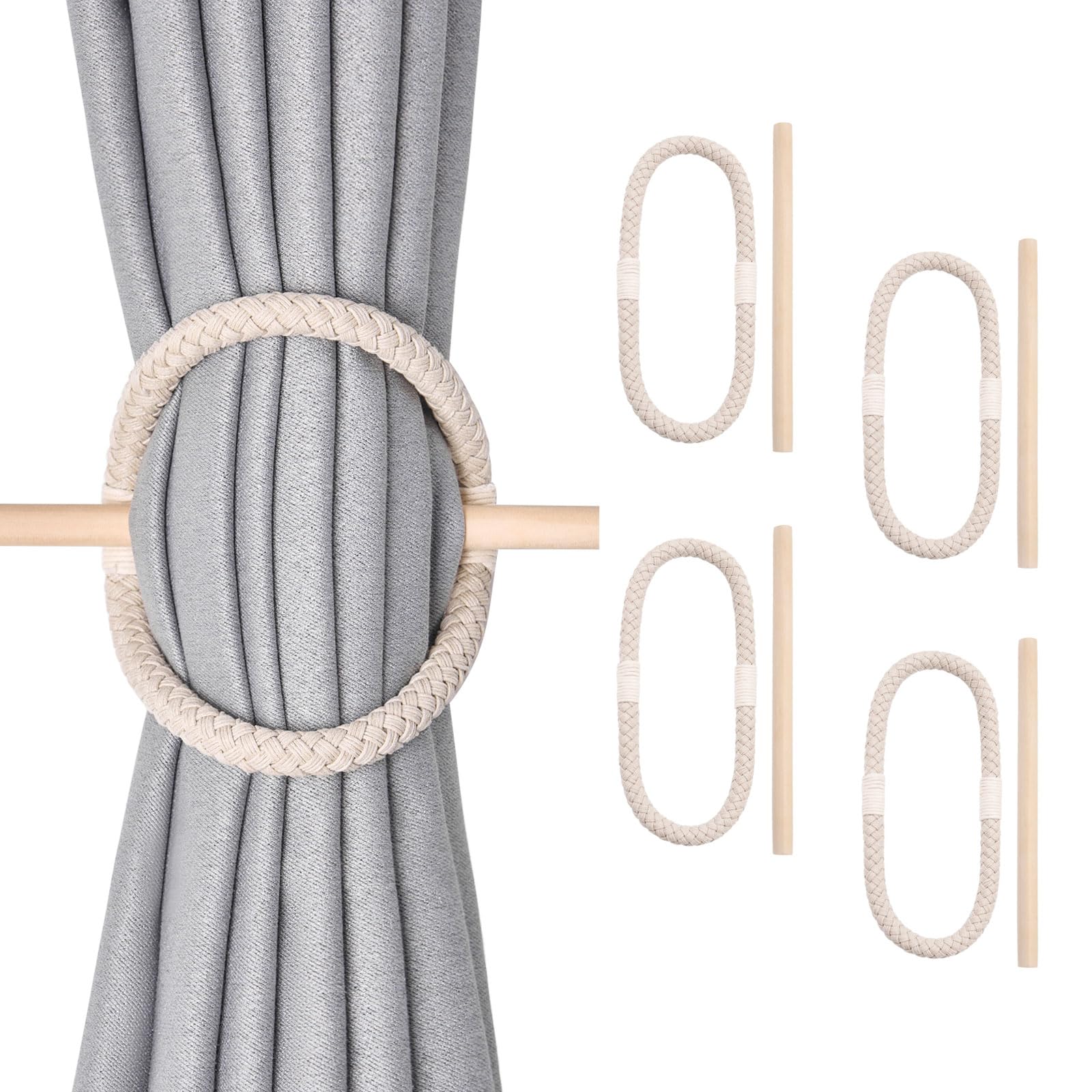 Pretty Jolly 4 Pack Natural Cotton Rope Curtain Tiebacks Boho Rustic Style Decorative Drape Tie Backs Farmhouse Hand-Woven Curtain Holdbacks with Wood Club for Home & Office Drapery (Cotton loop-01)