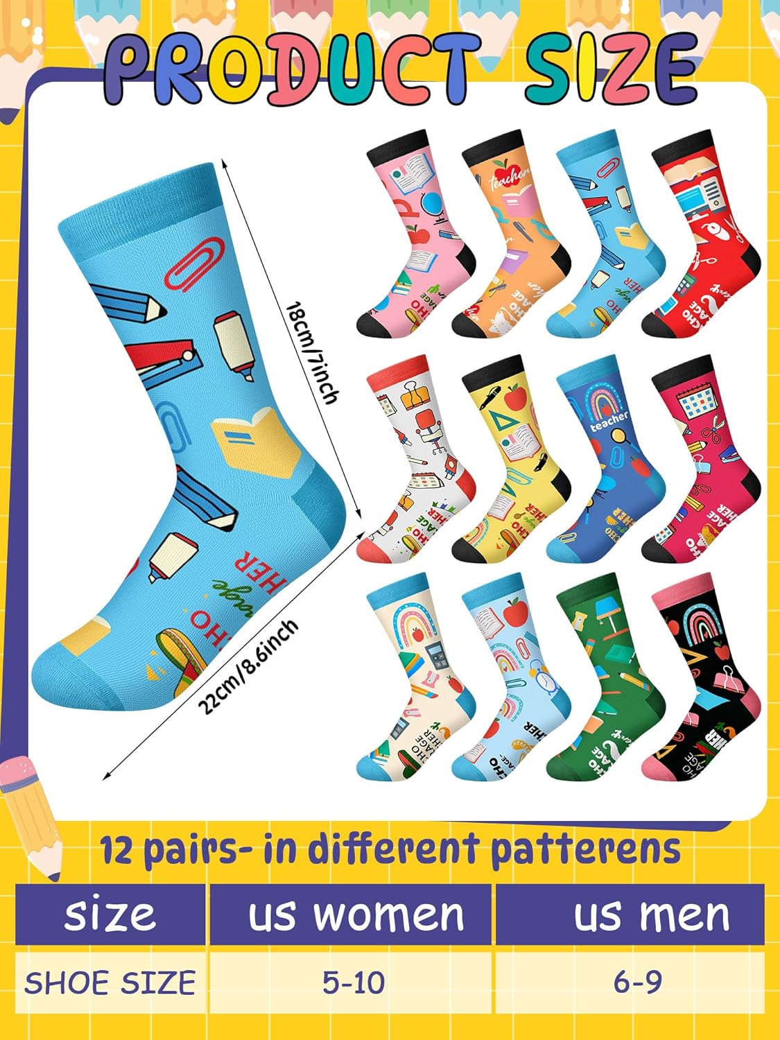 Shyyween 12 Pairs Nacho Average Teacher Gift Socks Mexican Teacher Appreciation Week Gifts for Women Men Novelty Cinco De Mayo Nacho Socks with Pencil Shape Box for Mother's Day Birthday Graduation