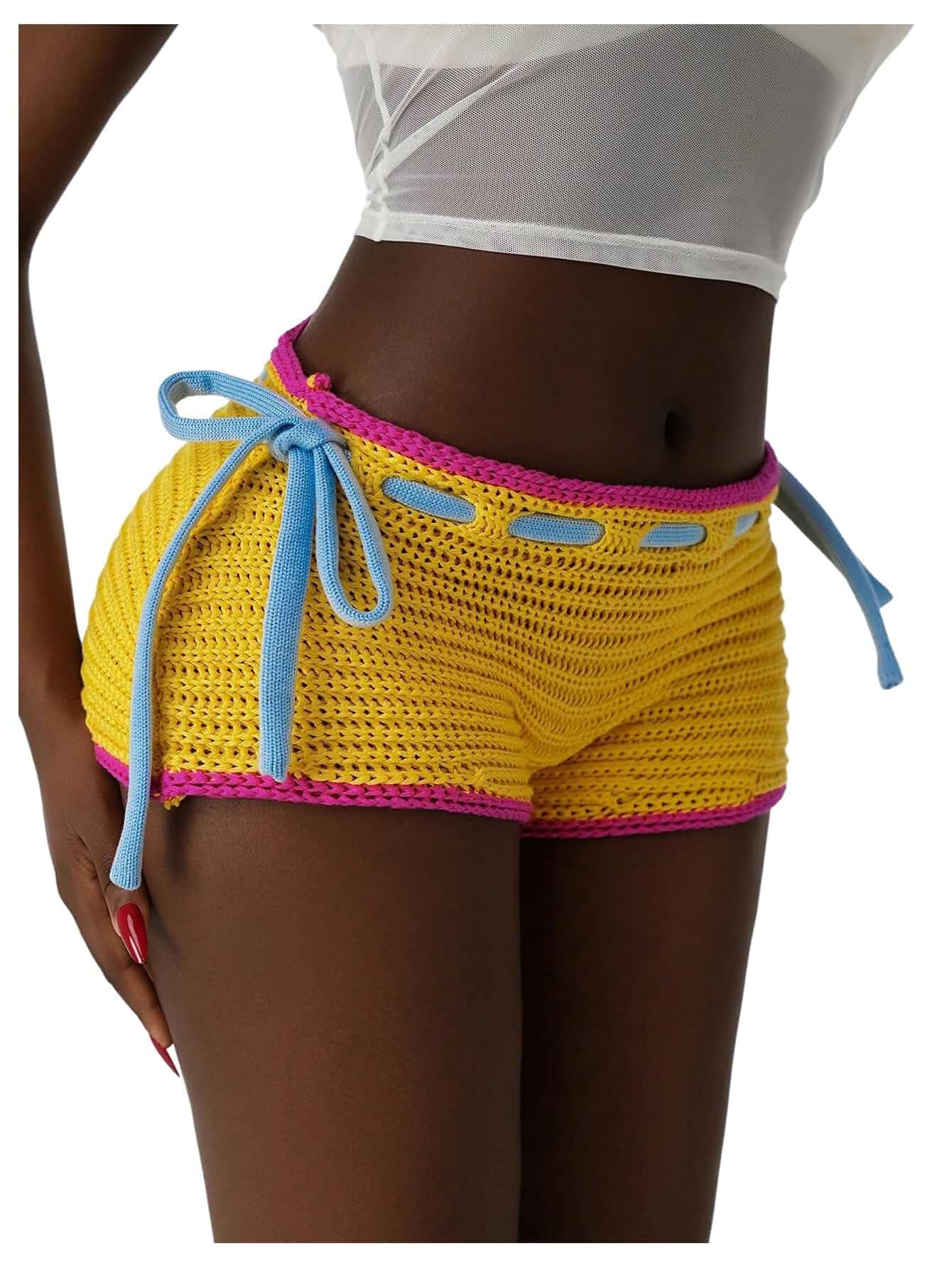 SOLY HUX Women's Crochet Shorts Low Rise Bow Tie Side Y2k Micro Shorts Festival Outfits for Women, Going Out Shorts, Booty Mini Knit Shorts, Beach Cover Up Shorts