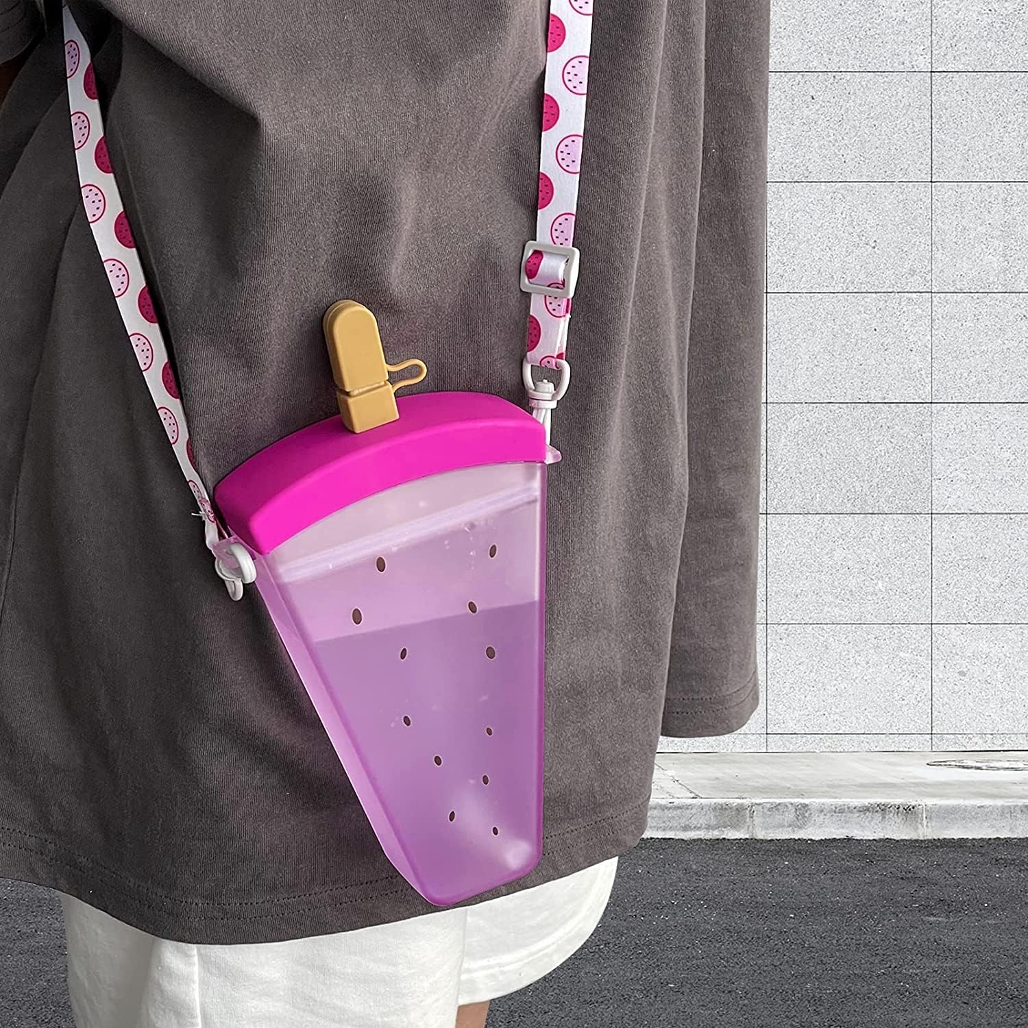 YunQin 320ml Plastic Water Bottles, 4 Colors Cute Watermelon Ice Cream Water Bottle with Straw, Anti-Fall Portable Popsicle Shape Water Cup for Girls (Purple) image 5