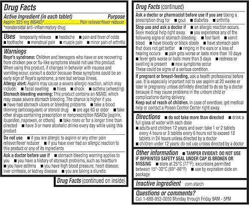 Miniatura 10 de HealthA2Z Aspirina 325 mg 300 unidades sin revestimiento en comparación con los ingredientes activos Bayer