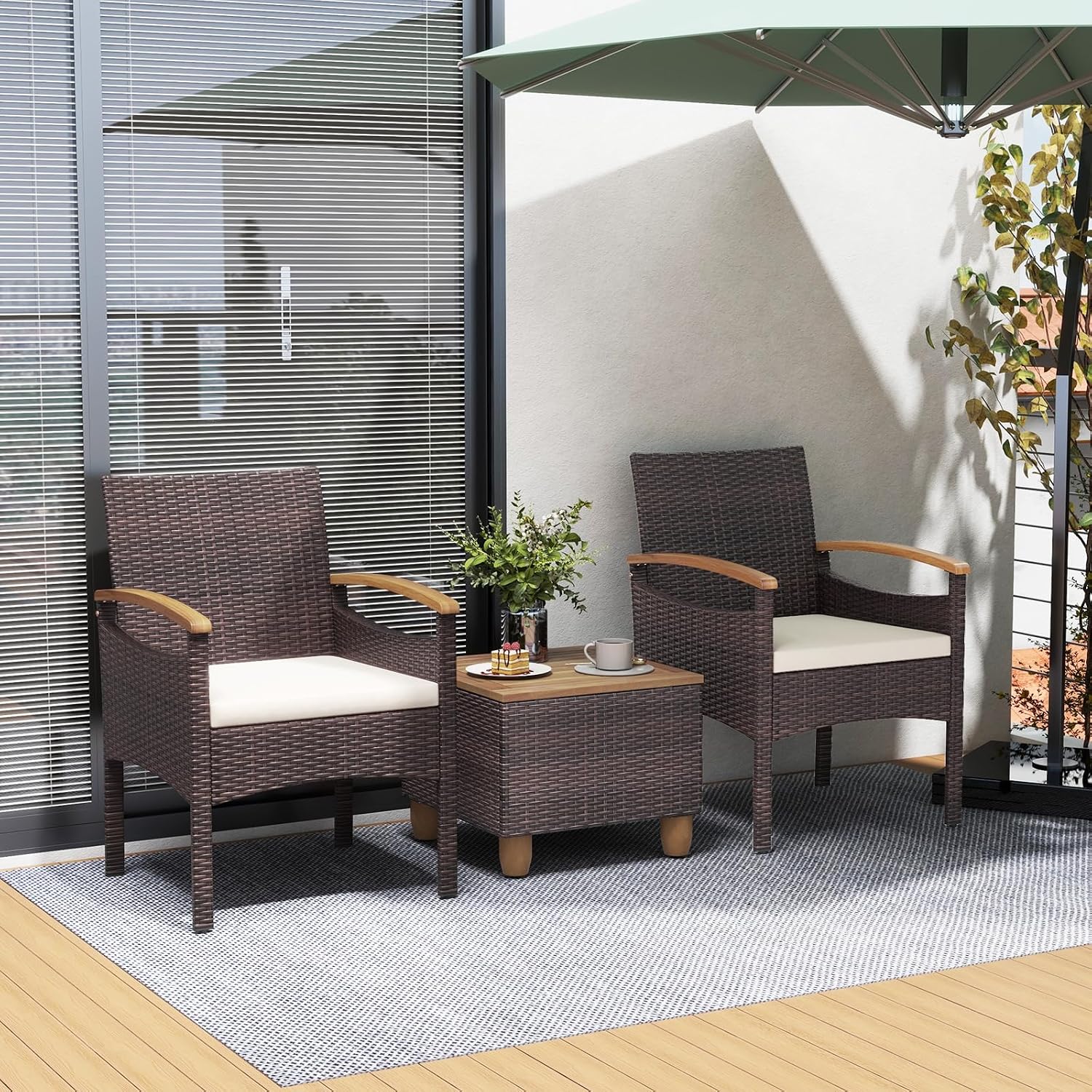Tangkula Wicker Patio Dining Chairs Set of 4, Outdoor Rattan Cushioned Chairs with Acacia Wood Armrest, Heavy Duty Metal Frame, Outside Chairs for Balcony, Porch, Poolside, Lawn, Yard (Off White)