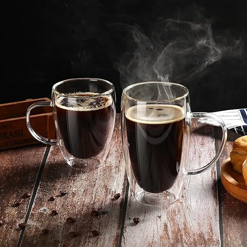 Miniatura 4 de Juego de 2 tazas de café de vidrio de doble pared con asa, tazas de café de capa aislada, tazas de vidrio borosilicato transparente, perfectas para