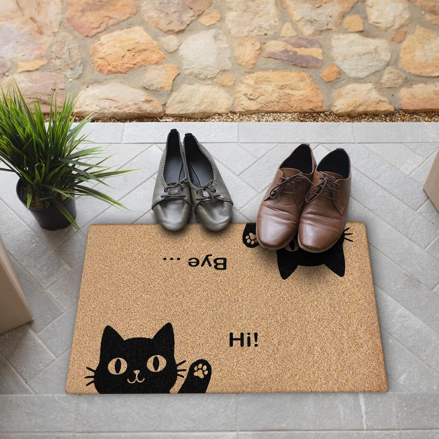 Cat Welcome Mat, Hi-Bye Cat Coco Coir Doormat Door Welcome Mat for Home Entrance Front Door, Cute Black Cats Floor Mats for Outdoor Outside Entryway 30x17 Inch