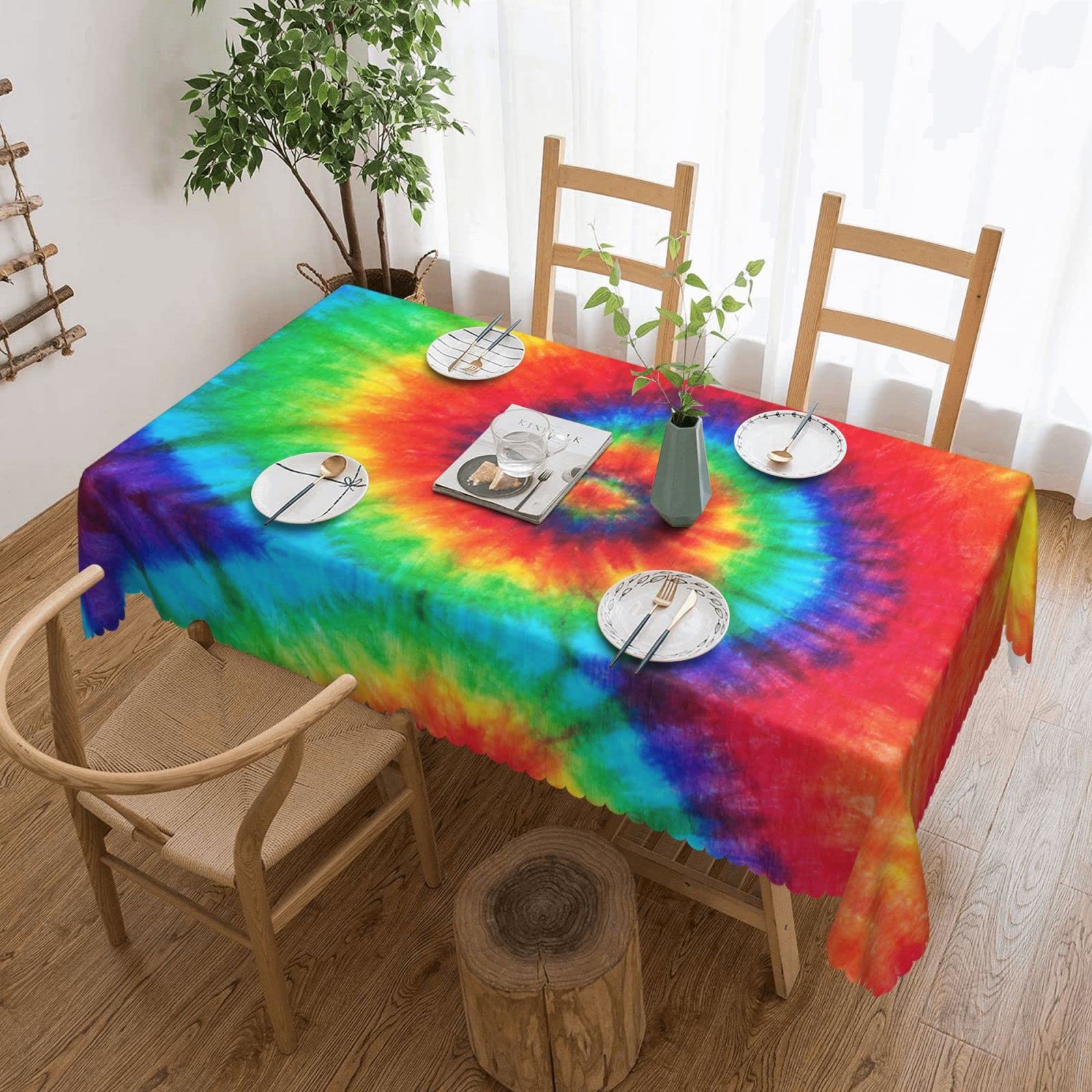 BUULOO Rectangular Lace Tie Dye Rainbow Tablecloth 137x183cm, Splash-Proof Tablecloth For Dining Room, Kitchen, Parties, Christmas.