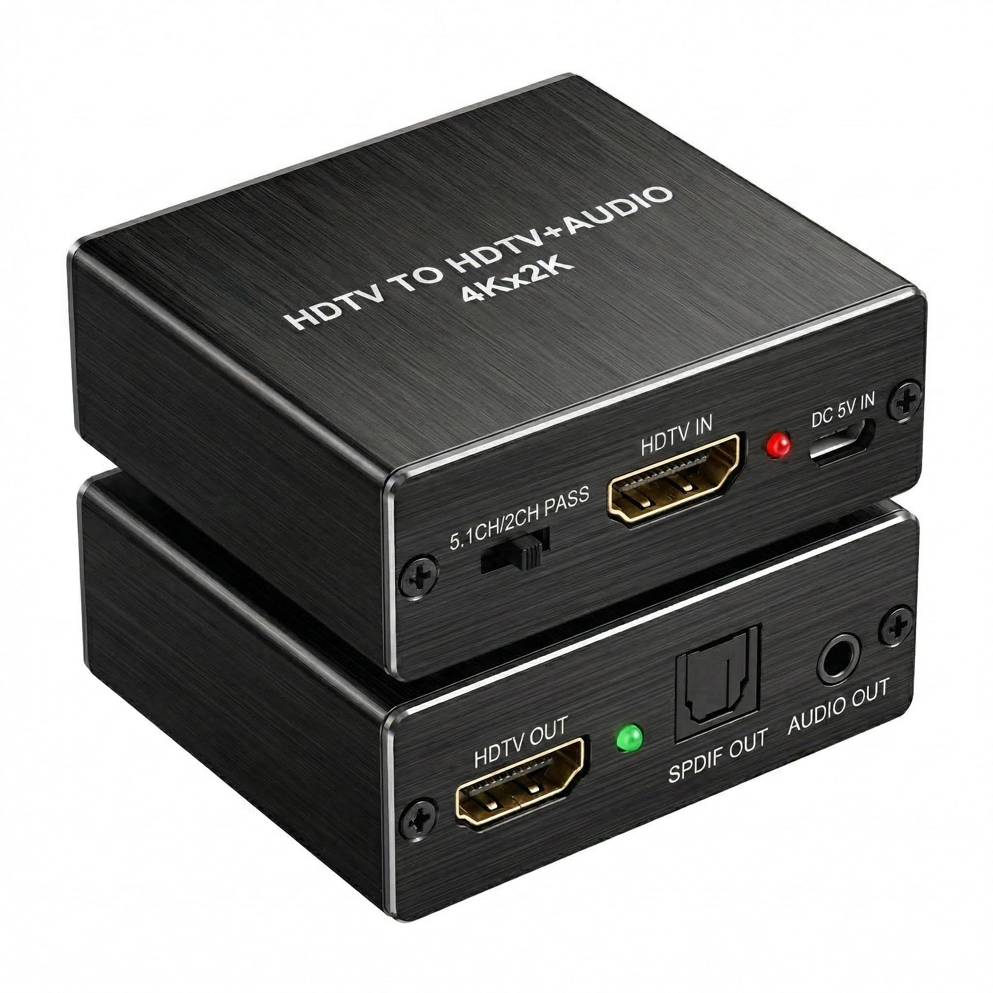 Extracteur Audio HDMI 4K Convertisseur vers Optique Spdif Toslink + Jack 3.5mm Stéréo, Adaptateur Splitter Audio Vidéo Séparateur de Son (3 Modes: Pass/2CH/5.1CH) pour PS5/PS4/Fire TV/Ampli