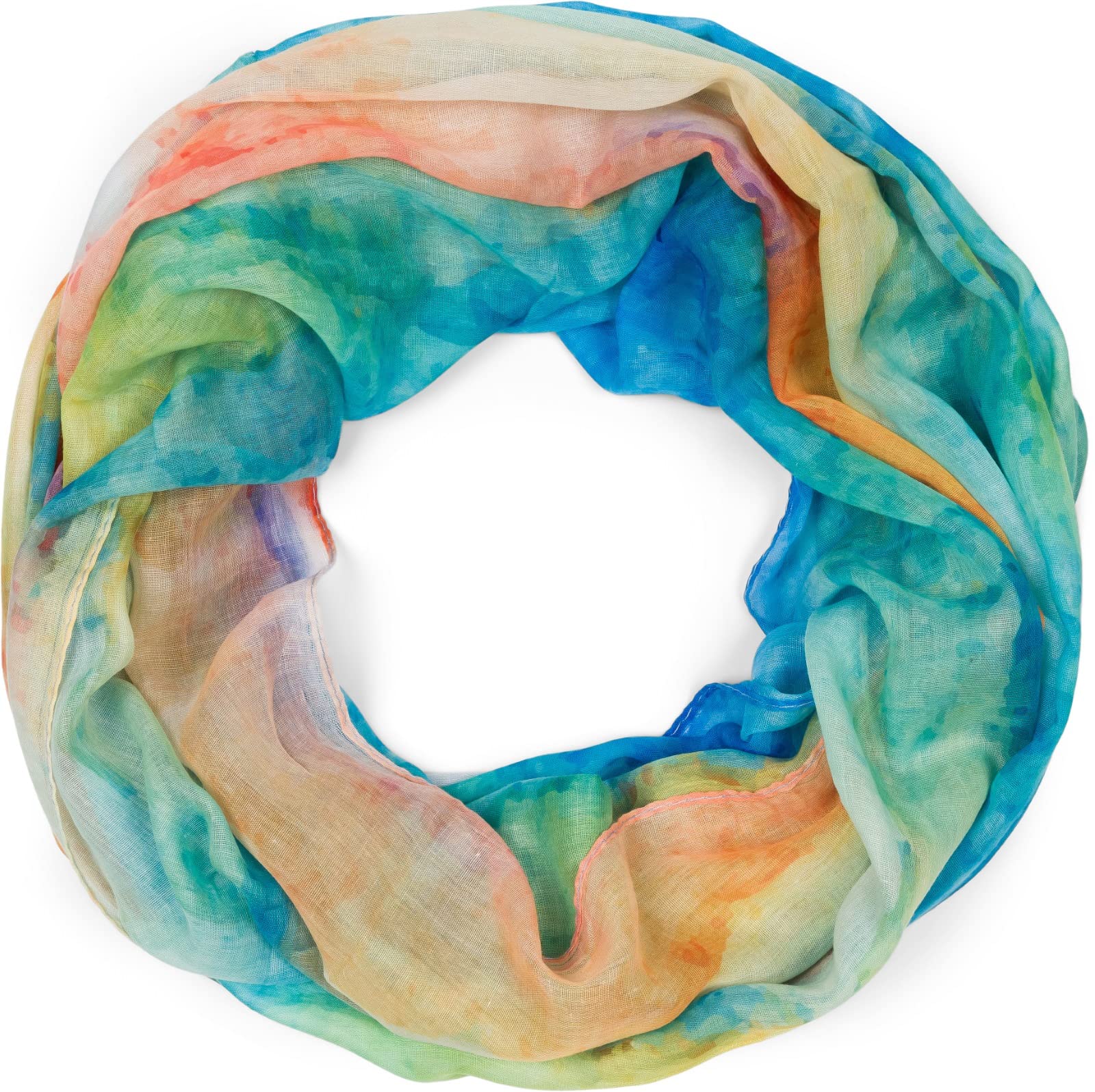 Stylebreaker Women's Blue-Green-Orange Loop Scarf With Colourful Watercolour Gradient Pattern, Lightweight Summery Tube Scarf Multi-Coloured 01016220, Colour: