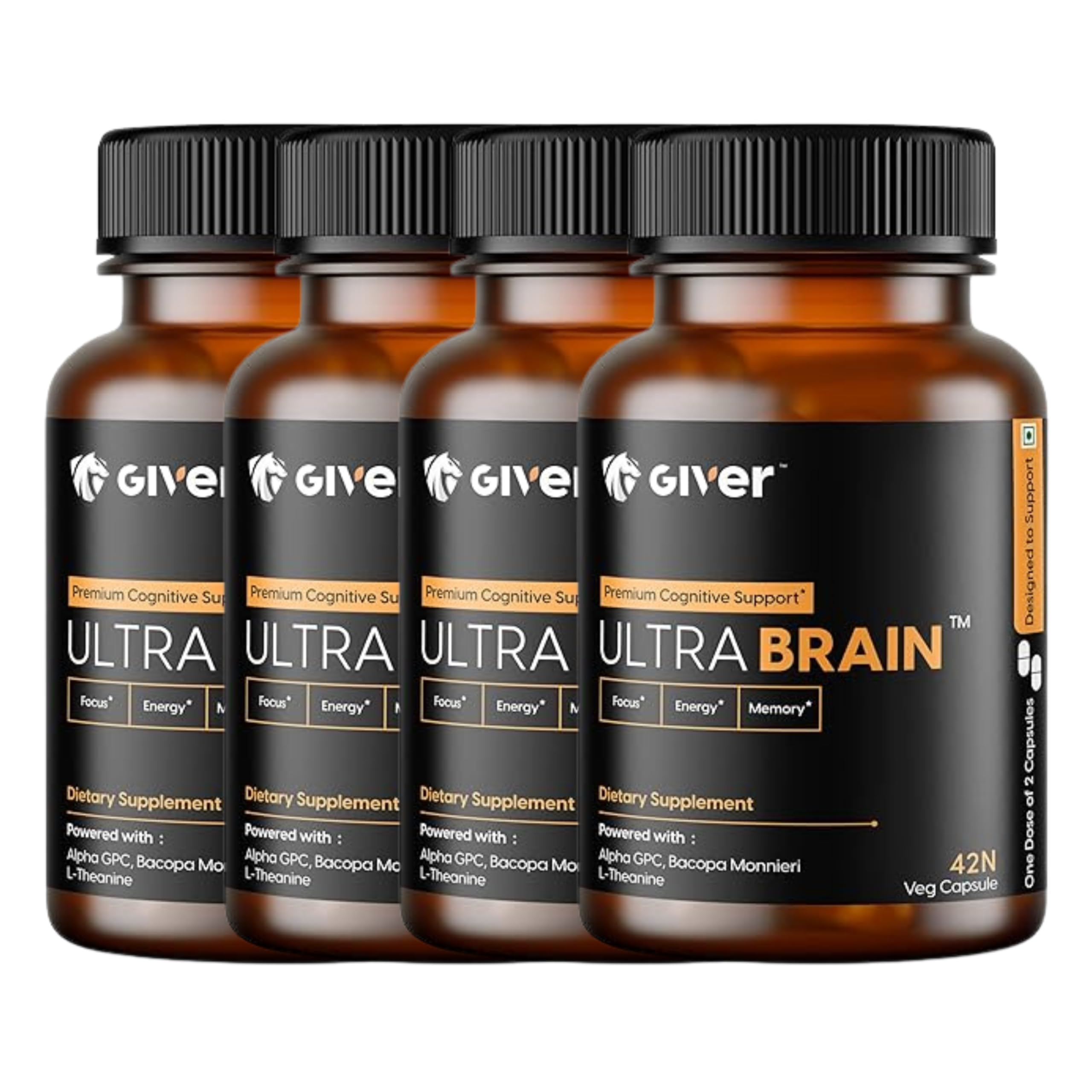 Giver Nutrition Ultra Brain Natural Nootropic Brain Booster Supplement - Alpha GPC, Bacopa Monnieri, L-Theanine | Supports Focus, Memory & Clarity- 42 Veg Capsules (4)