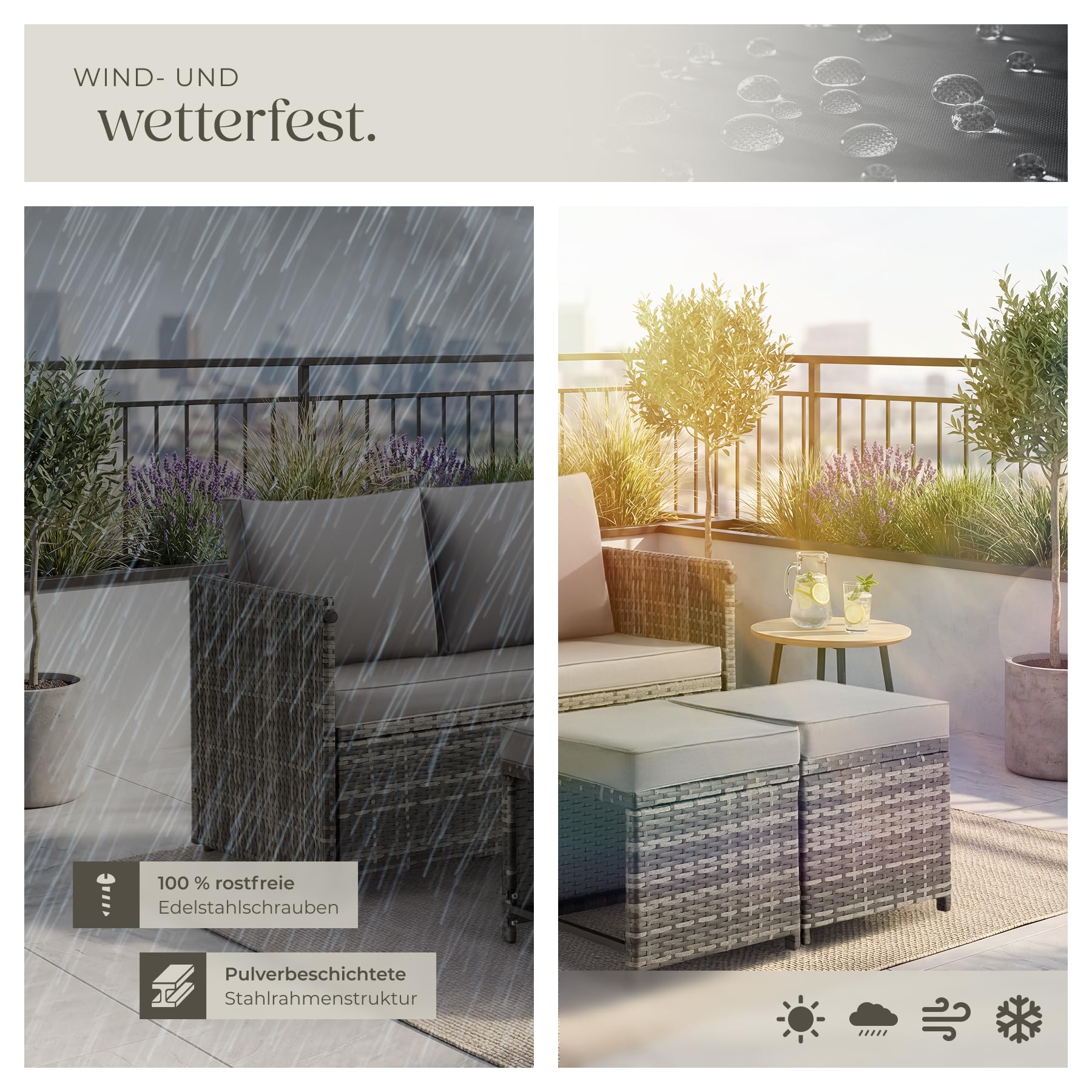 tectake® 2in1 Rattanlounge für 4 Personen, Set mit Tisch mit Schraubfüßen, Tischoberfläche in Holzoptik, Polyrattan Gartenmöbel, als Gartensofa oder Sitzgruppe, Terrassenmöbel, Outdoor Lounge – grau