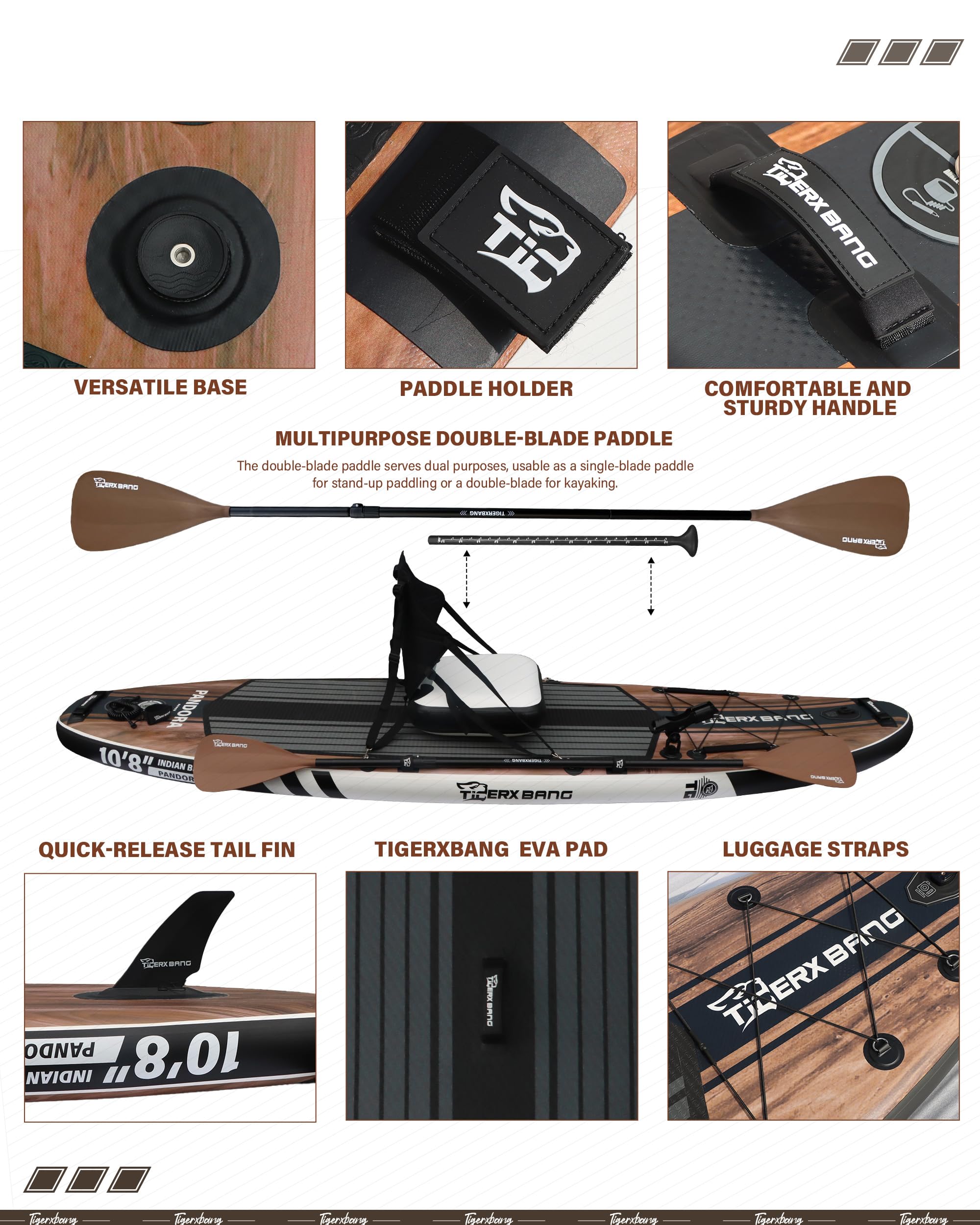 TIGERXBANG Tabla de Paddle Hinchable 330cm, Extra Ancha, Asiento Mejorado, Soporte para Accesorios y Sostenedor para Caña de Pescar, Accesorios Premium para Paseos Recreativos y Pesca