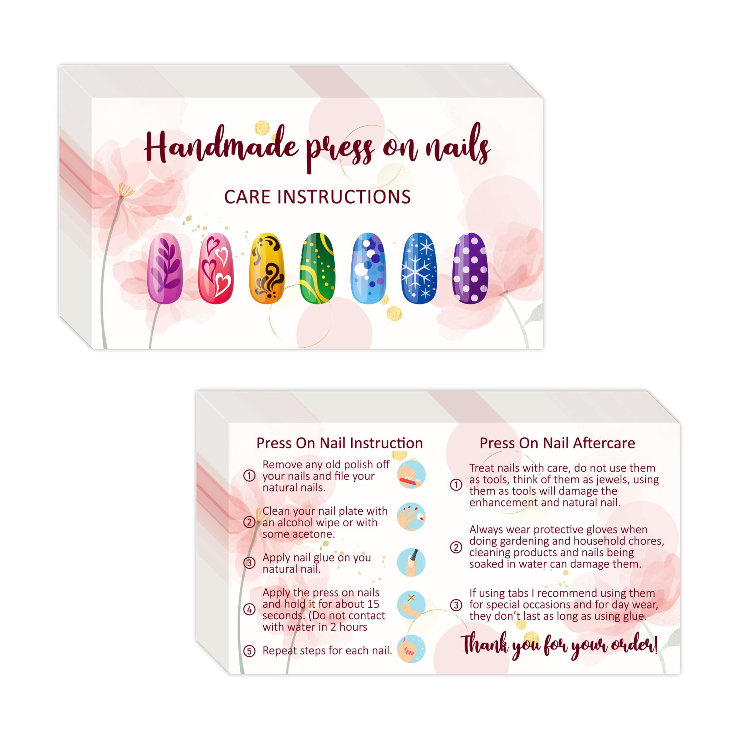 YHNTGB 240 Pcs Press On Nail Cards 2x3.5 Inch Aftercare Instructions DIY Kit with Application and Removal Tips Manicure Supplies for Home and Business