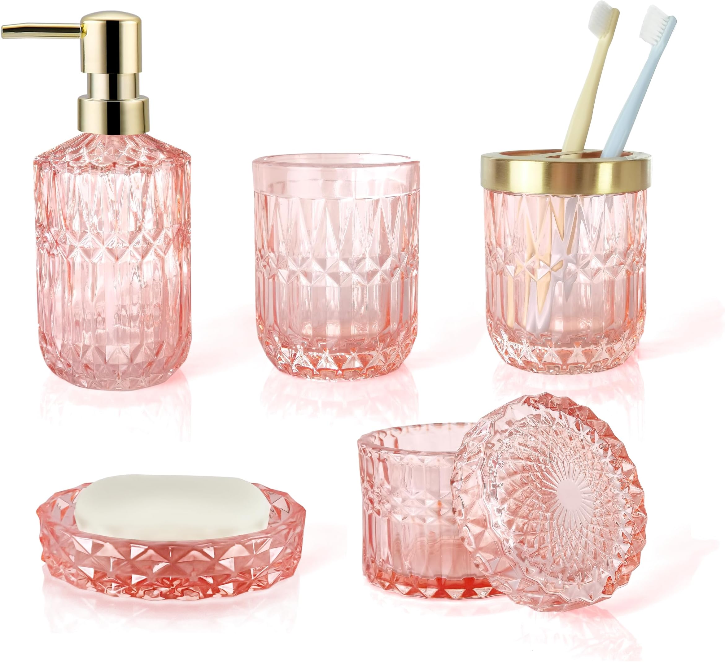 LaMarriti 5pcs Pink Bathroom Accessories Set, Crystal Clear Glass Bathroom Set, Soap Dispenser, Toothbrush Holder Set, Soap Dish, Tumbler, Qtips Holder, Modern Bathroom Decor, Gift Set