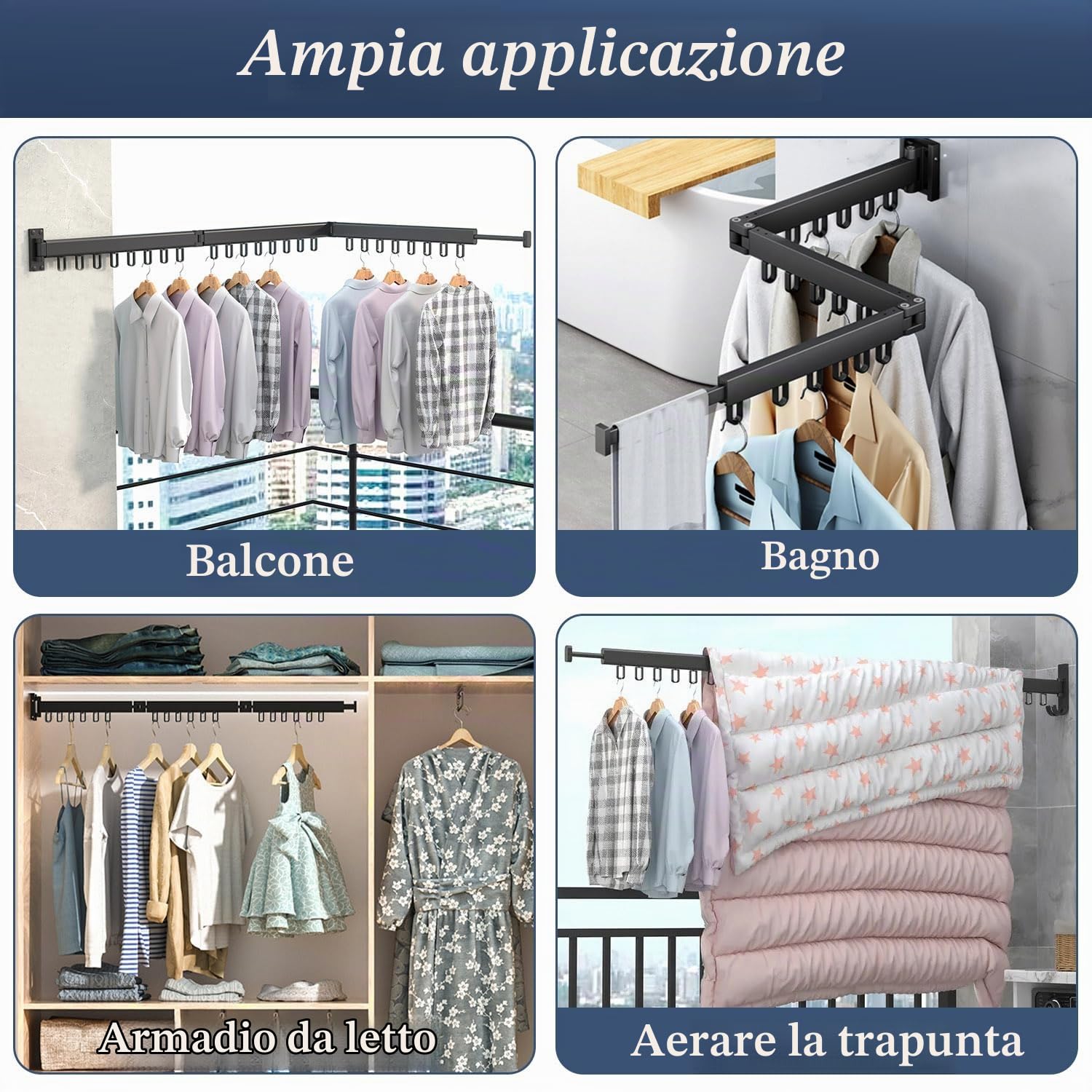 Stendino da Parete Richiudibile, Appendiabiti da Muro in Alluminio, Stendibiancheria da balcone Esterno Allungabile per Balcone, Lavanderia, Guardaroba, Cucina, Bagno (nero)