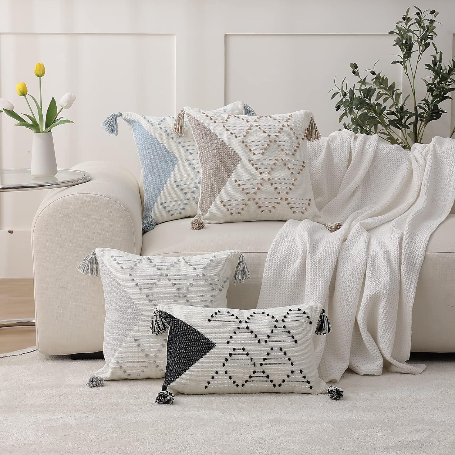 blue page Boho Throw Pillow Covers Grey and Cream White Pillow Covers 18X18 for Couch Sofa Living Room, Set of 2 Farmhouse Decorative Pillow Covers, Modern Accent Neutral Pillow Covers Set