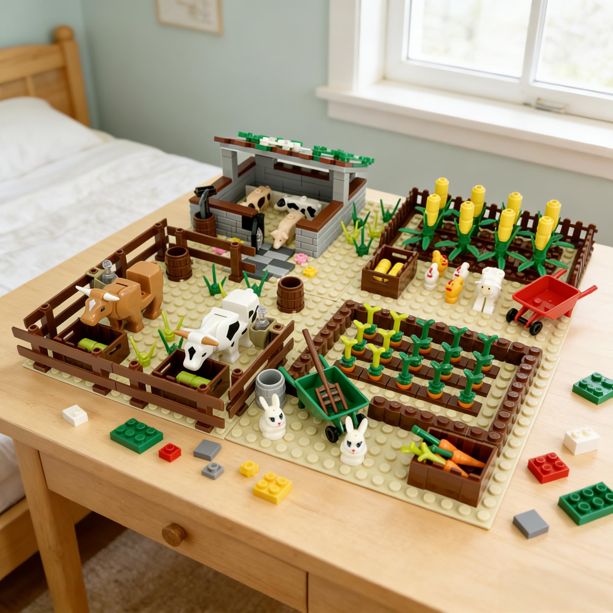 Set di mattoncini da costruzione 4 in 1, stalla, porcile, campo di mais e aiuola, giocattolo da costruzione per bambini dai 6 anni, giocattolo educativo con animali, piante e accessori