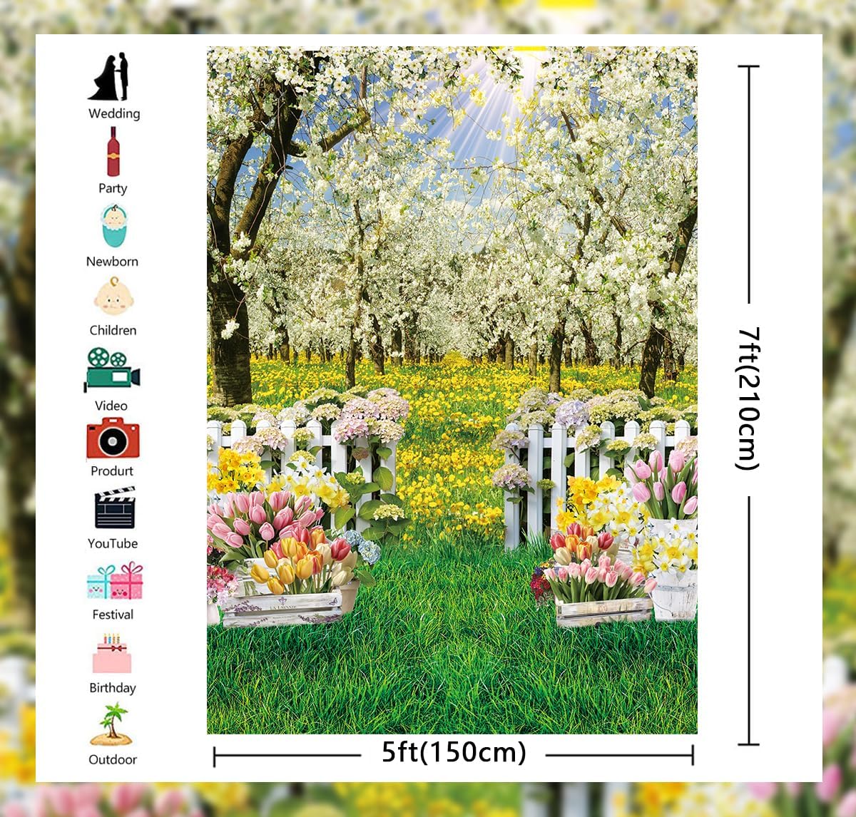 Spring Backdrop White Flowers Forest Tree Spring Garden Natural Scenery Easter Photography Background Kids Baby Shower Wedding Birthday Party Decorations Banner Photo Props (5x7FT)