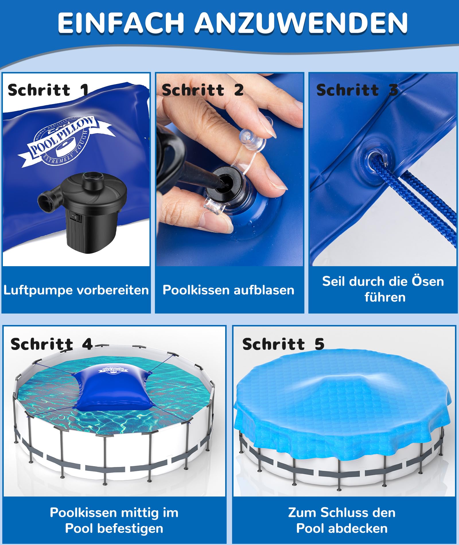 EPN Poolkissen für Aufstellpools, 120x120 cm, 0,5 mm Starkes kältebeständiges PVC Luftkissen für Poolabdeckungen mit Befestigungsseil, Winter Poolkissen zur Poolüberwinterung und EIS-Druckentlastung,