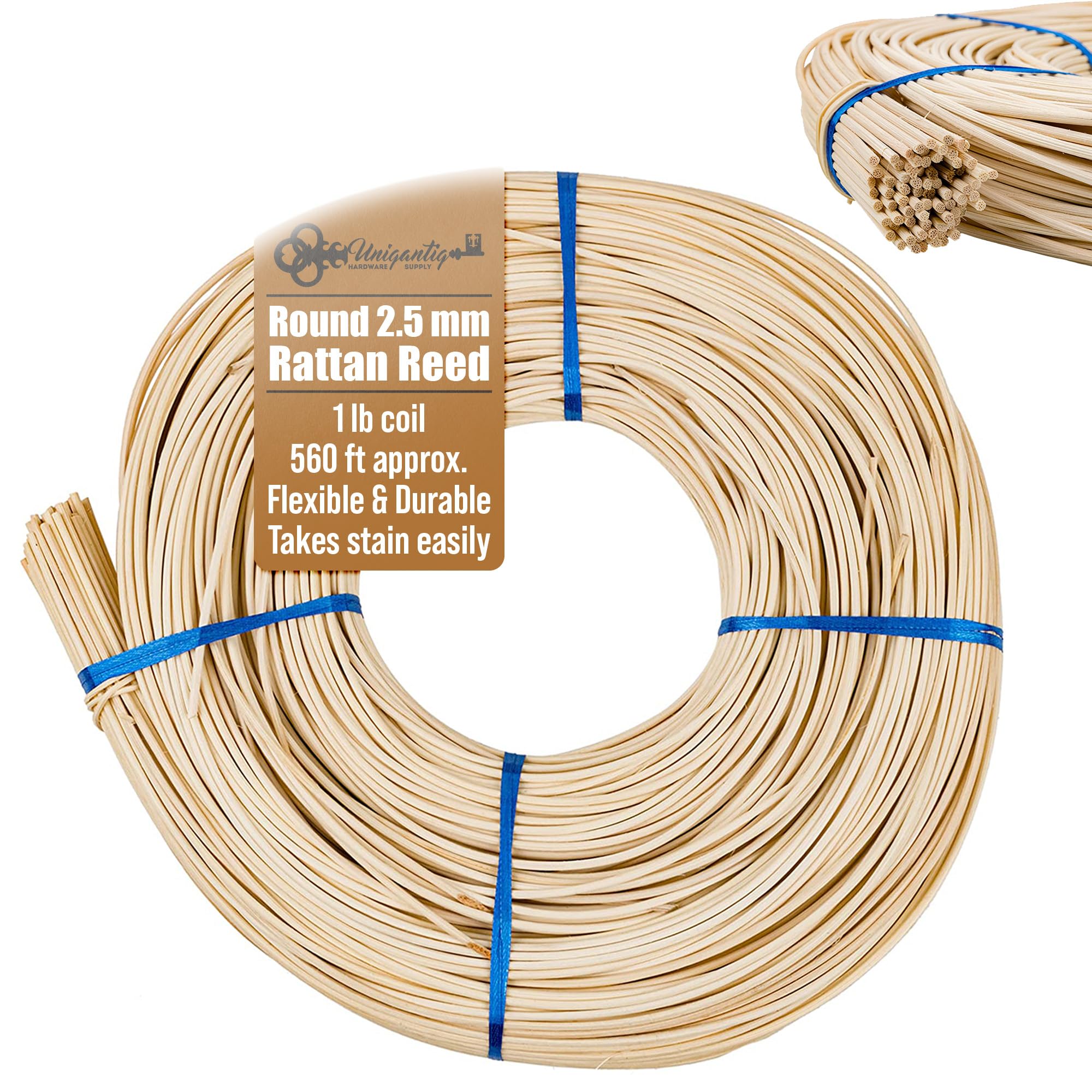 2.5 mm Round Reed #3 | 1 Pound Coil | Rattan Reed for Basket Weaving and Wicker Furniture Making | Basketry and Repair Supplies | UA-250RR