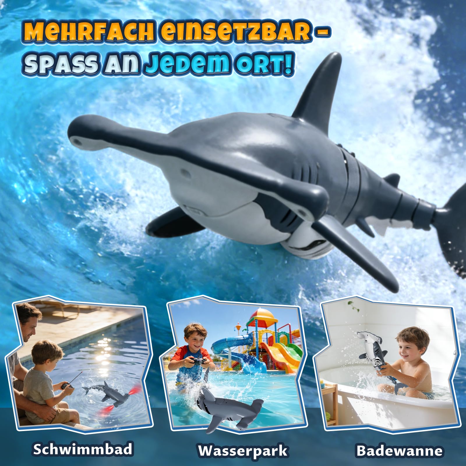 Ferngesteuerter Hai mit Tauchfunktion, 2.4GHz RC Hai mit LED-Licht, Unterwasser-Hai Spielzeug für Pool & Badewanne, Geschenk für Kinder ab 6 Jahren Jungen & Mädchen (Grau)