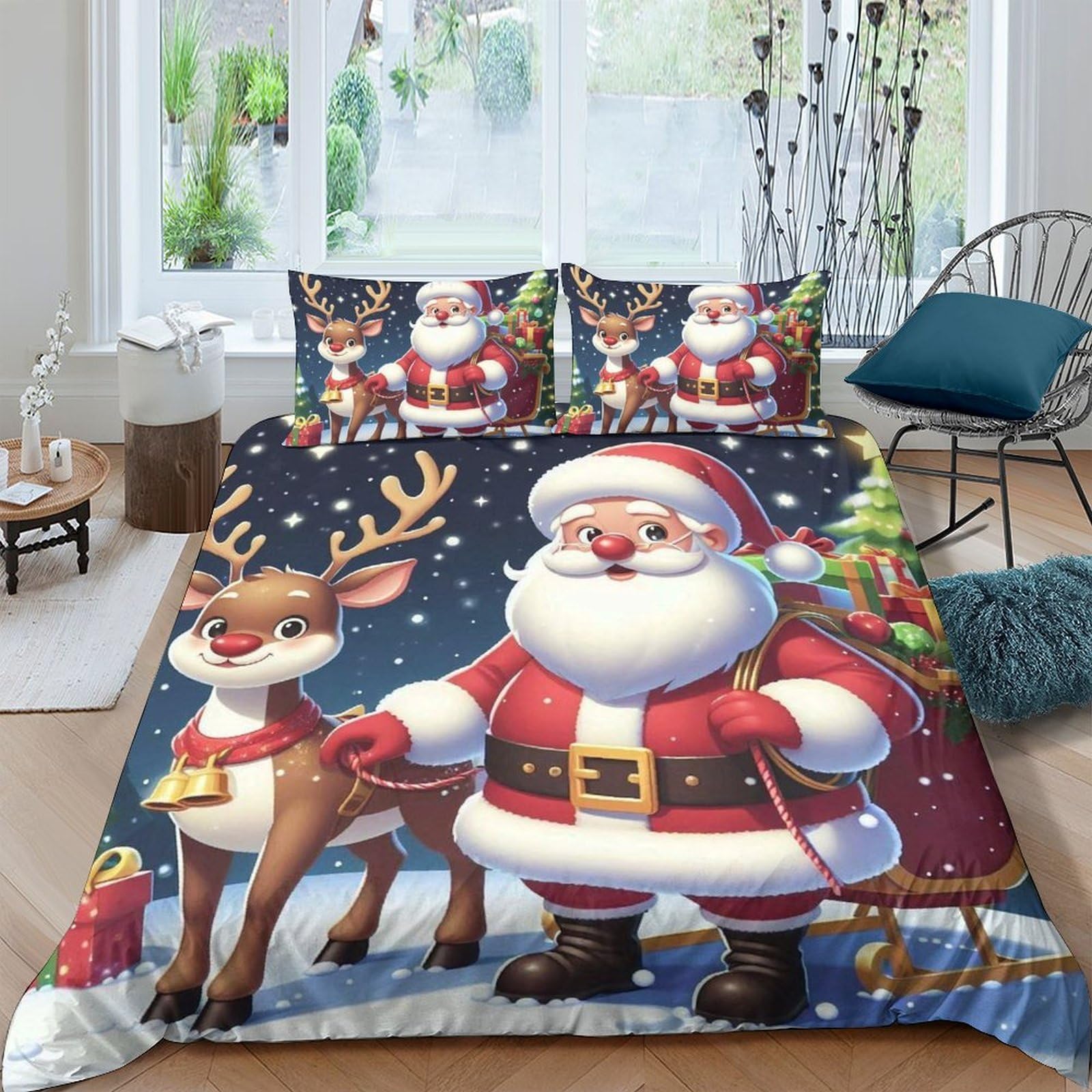 Ctjqhvkz Style-5 3D Printed Santa Claus Reindeer Fitted Sheet Microfiber Christmas Cartoon Bed Cover For Bedroom Dorm Decor Gift Single（135X200cm）