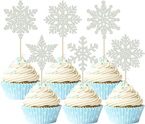 Gyufise Paquete de 36 adornos de copos de nieve para cupcakes con purpurina plateada para invierno, temática congelada, para baby shower, fiesta de