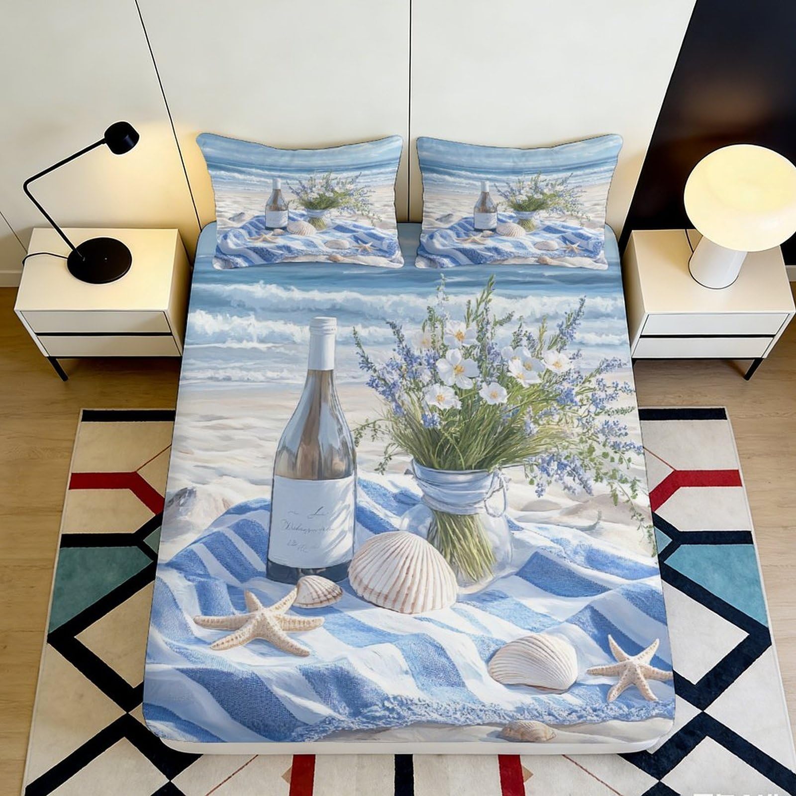 3D Printed Beach Seashell Fitted Sheet Microfiber Ocean Starfish Mattress Cover Easy Care Bedroom Decor 90x200x25cm