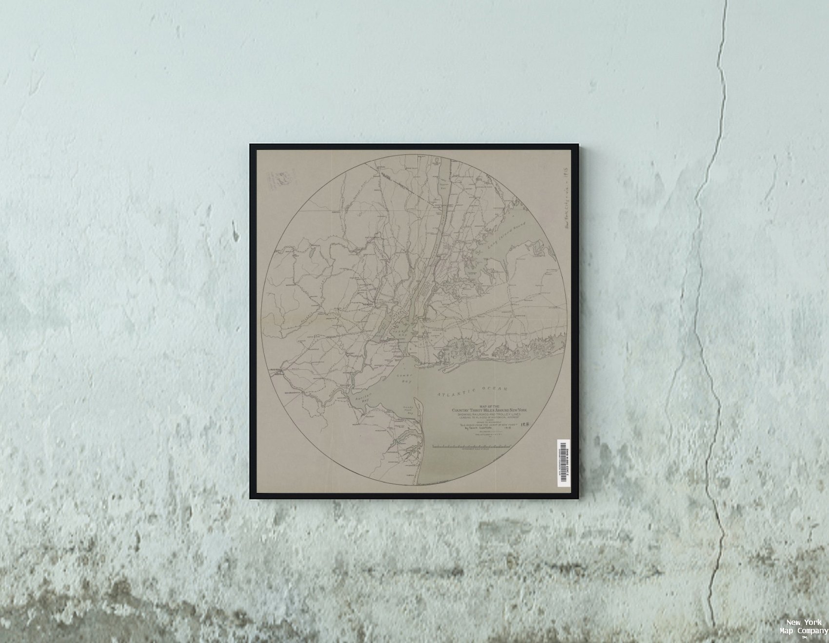 Map of Map of The Country Thirty Miles Around New York Showing Railroads and Trolley Lines Leading to Places of Historical Interest. |Vintage Fine Art Reproduction|Ready to Frame