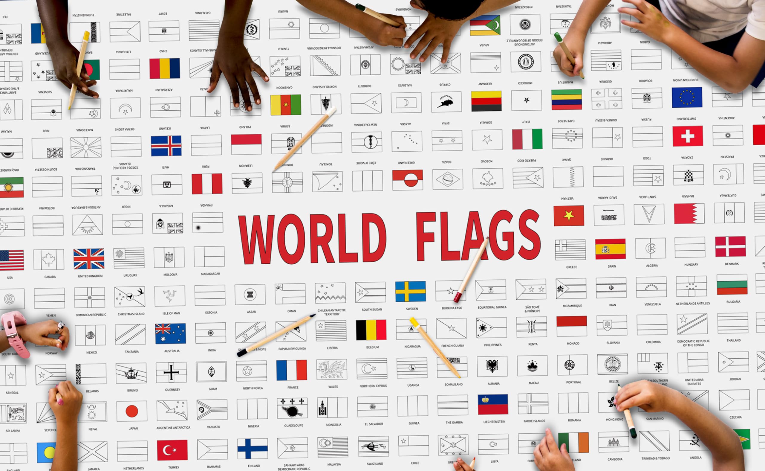 YiiiGooodInternational Country Flags Wall Doodle Art Coloring Education Poster All Countries Flags Coloring Tablecloth for Kids Classroom Home Birthday Party