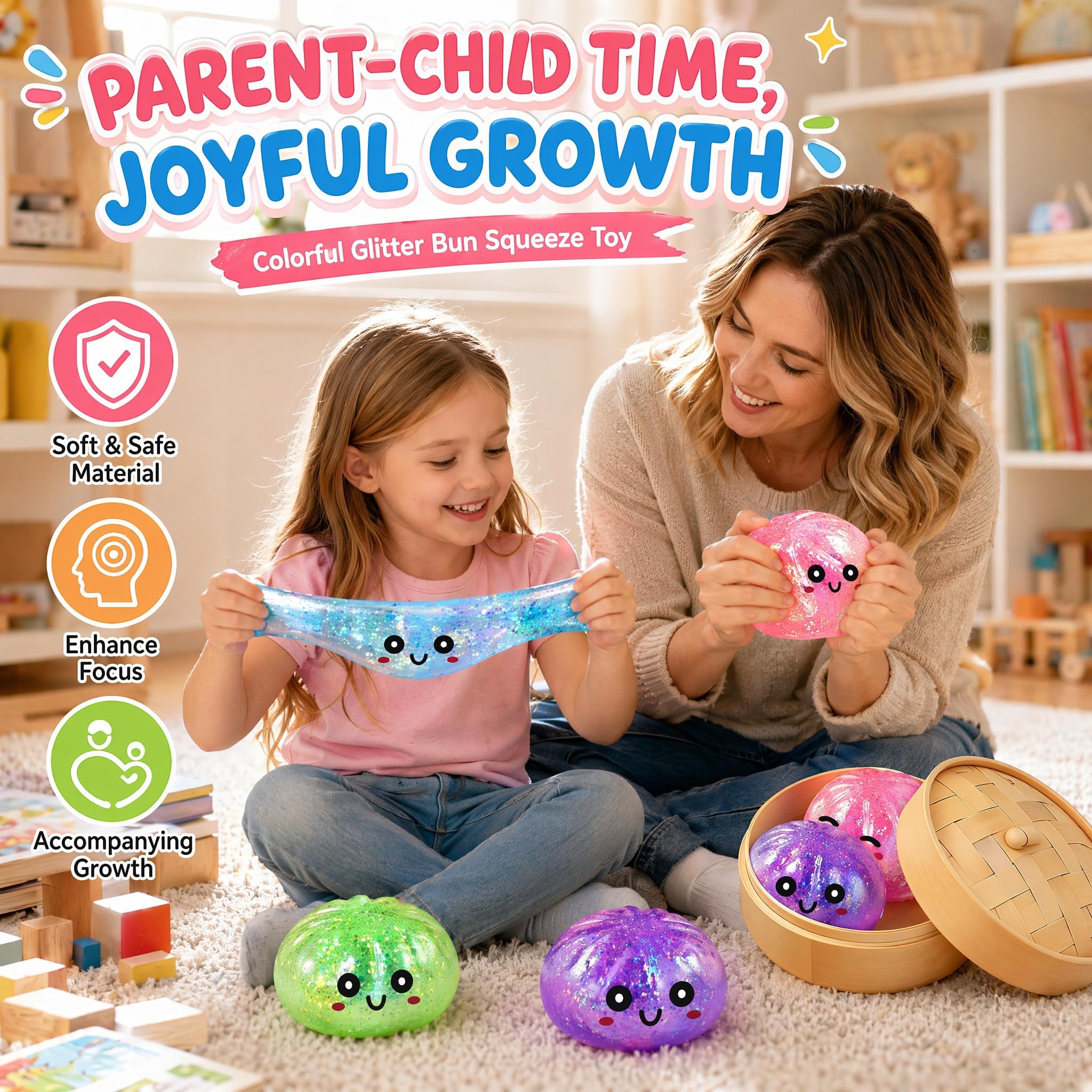 Dumpling Squishy, 4 Stück Glitter Dumpling Squishy Set | Anti Stress Bälle Fidget Spielzeug für Kinder Erwachsene, Dumplings Squishies Fidget Toys für Stress Relief, Fidgets Gifts