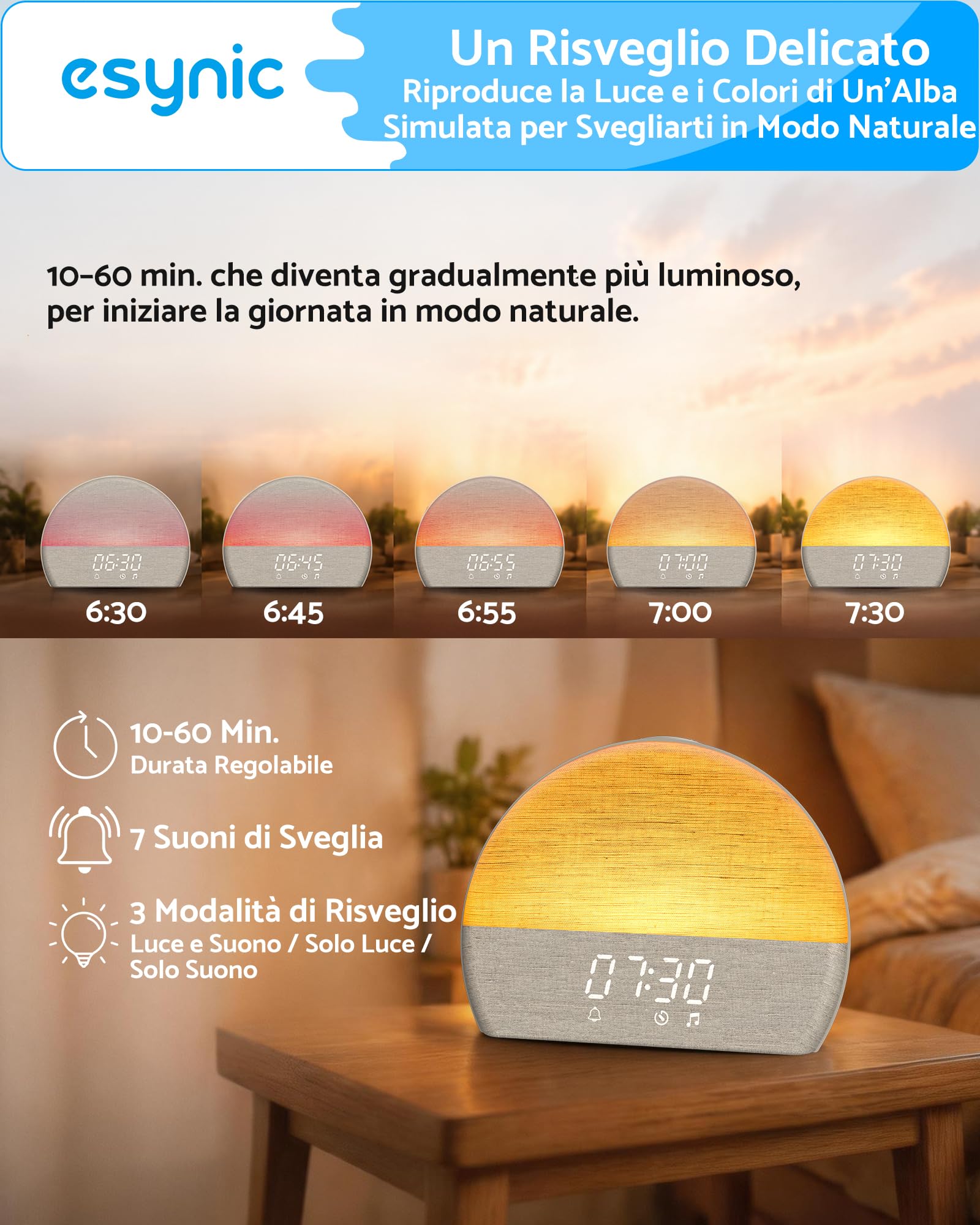 eSynic 2 in 1 Sveglia ad Alba con 30 Suoni Rilassanti – Display Dimmerabile, Luce Notturna e Volume Regolabili, Timer e Snooze, Design Semi-Circolare, Sunrise Alarm Clock da Comodino con Spina