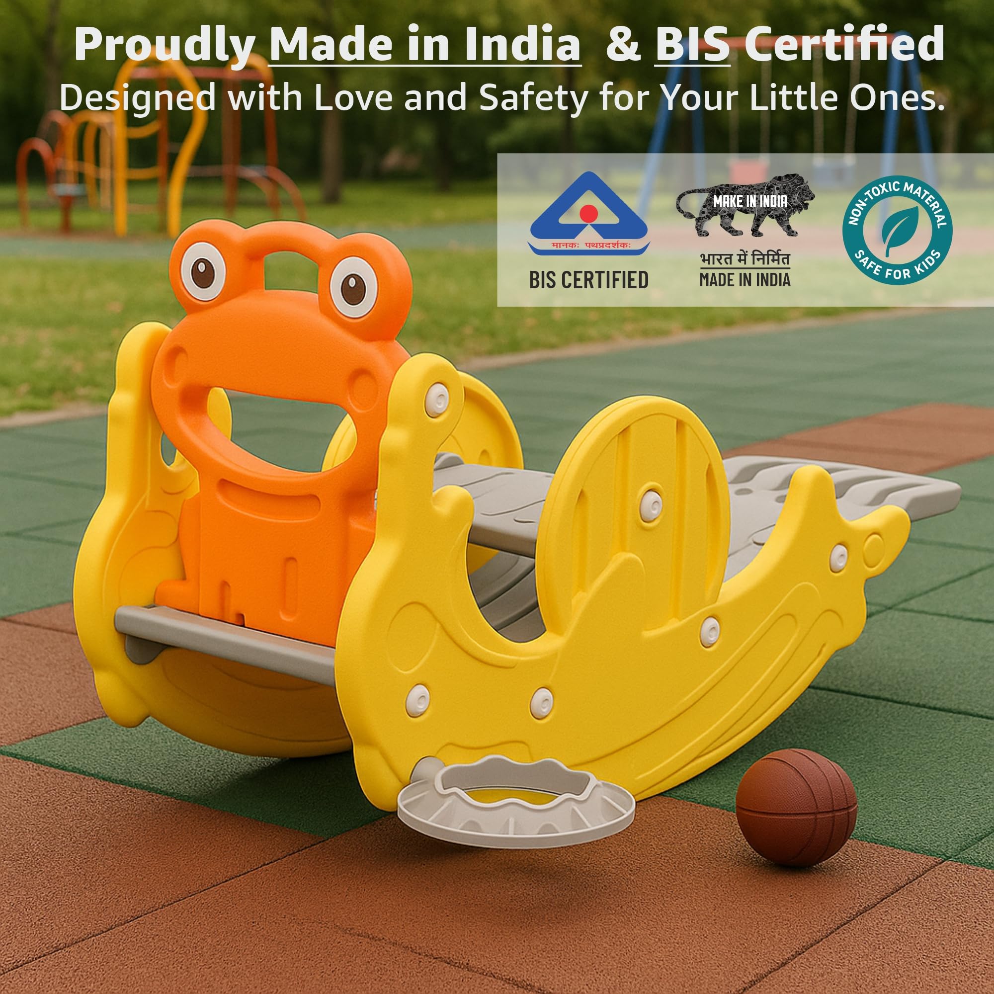 Amazon Brand - Jam & Honey 3 in 1 Frog Foldable Slide, Baby Slide with Rocker & Basketball | with Ball | Foldable Freestanding Indoor & Outdoor Slides| Rideon & Rocker, Multicolor, 18+ Months - Image 7 thumbnail
