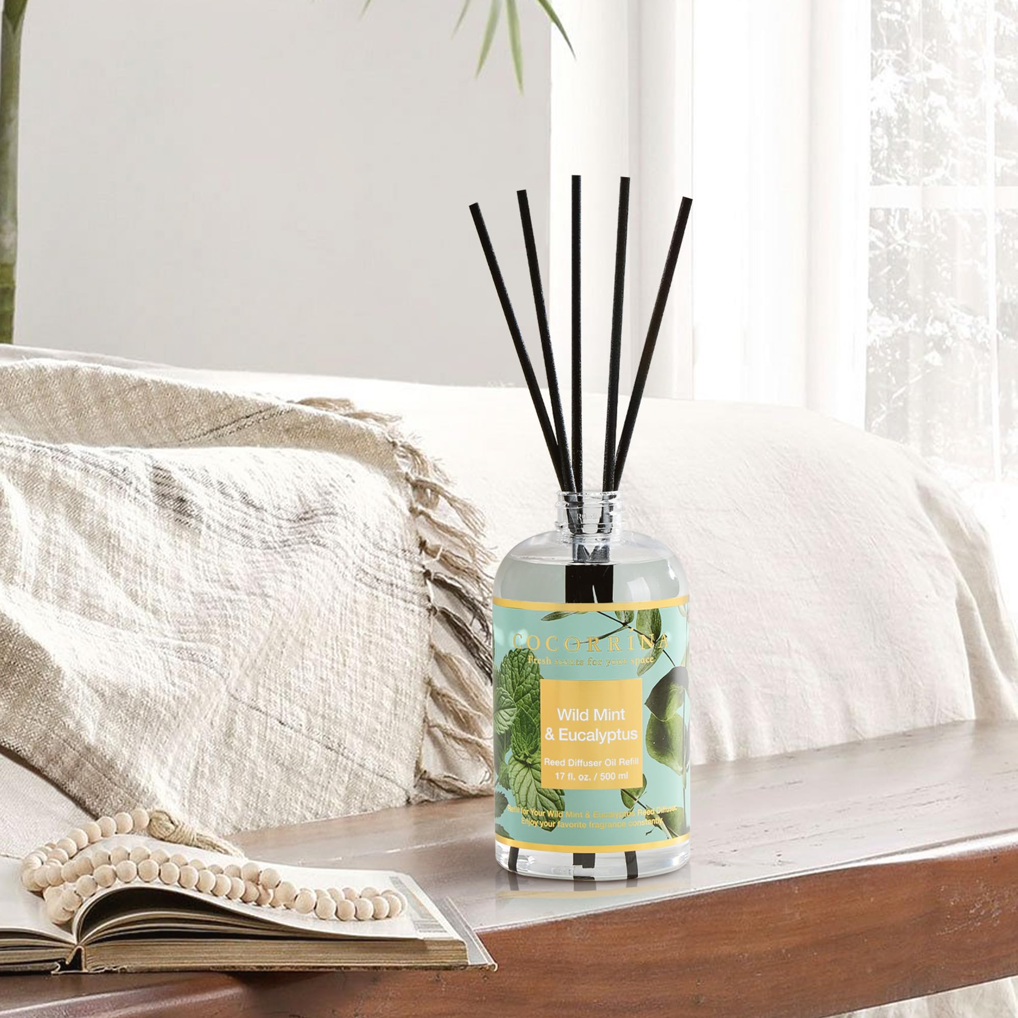 COCORRÍNA Ricarica Diffusore Ambiente 500ml con 8 Bastoncini, Wild Mint & Eucalyptus, Profumo Lungo Durata con Oli Essenziali Naturali, Camera da Letto e Bagno