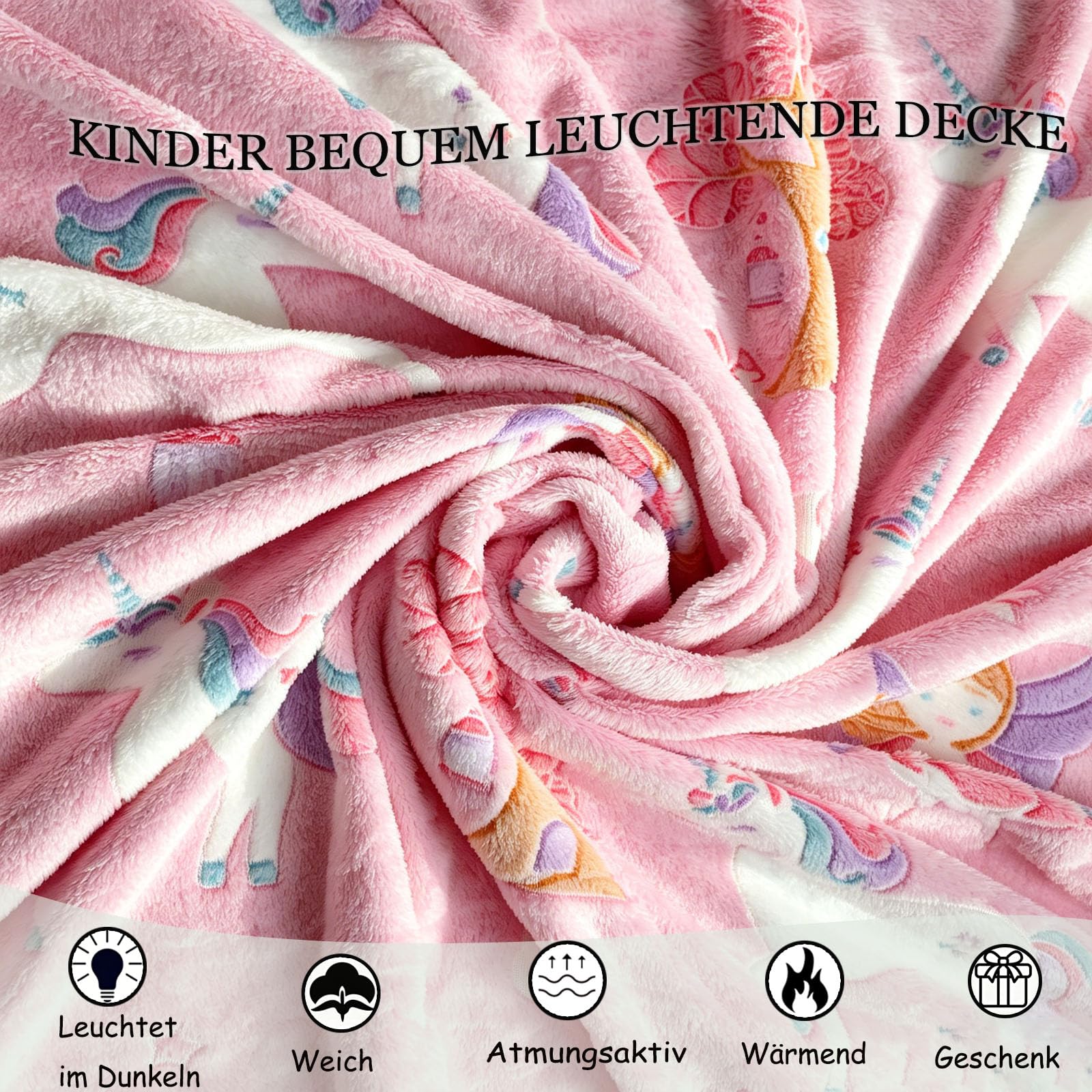 Kuscheldecke Kinder Einhorn/Dinosaurier/Schmetterlinge Decke Kuscheldecke Leuchtet im Dunkeln Einhorn Tiere Geschenke für Jungen und Mädchen Weiche und Warme Decke (Einhorn A, 130x150cm)