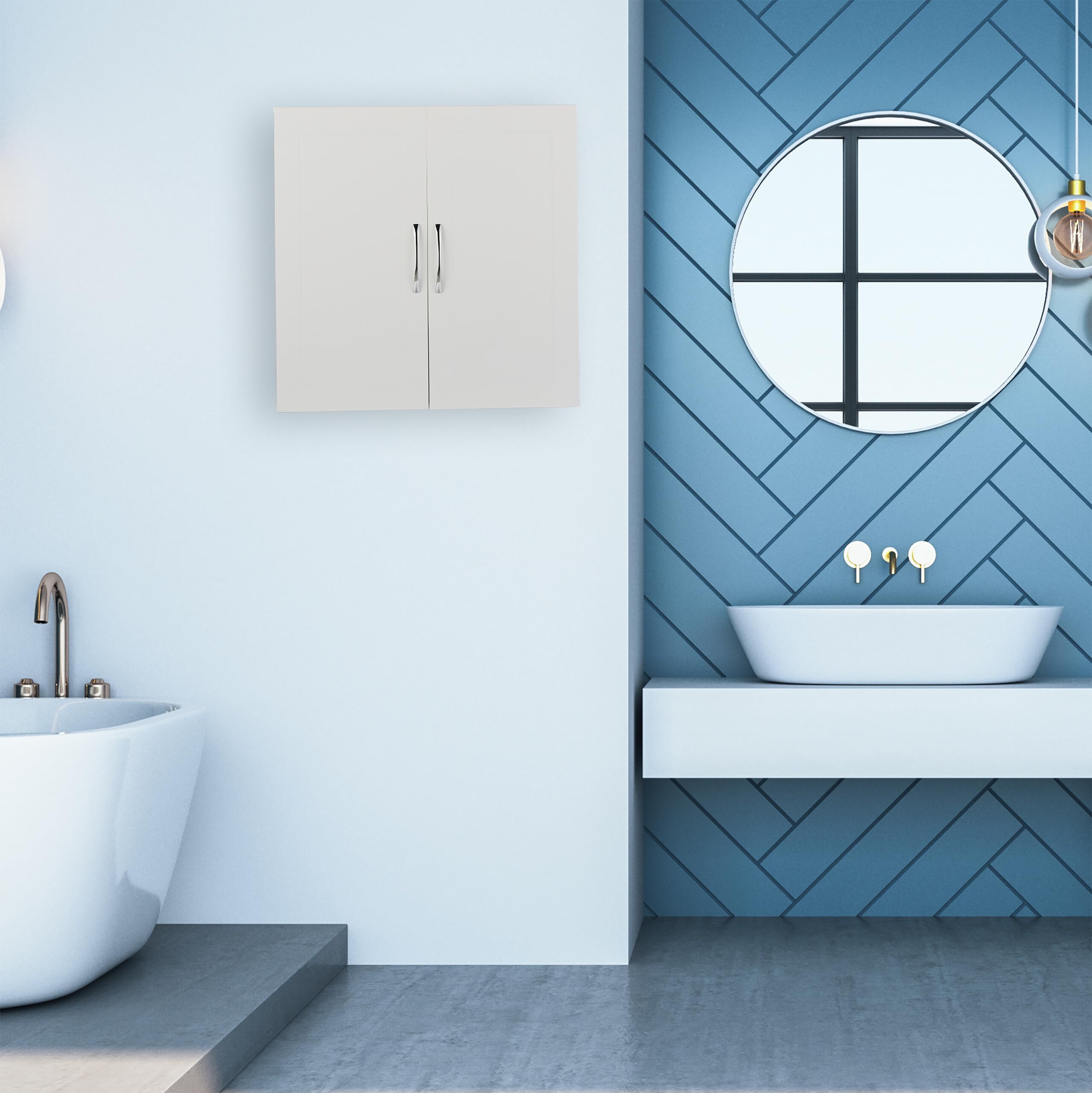 Relaxdays Mobiletto da Bagno Pensile, 3 Ripiani e 2 Ante in MDF, Armadietto Sospeso da Parete, HLP: 60x60x20 cm, Bianco