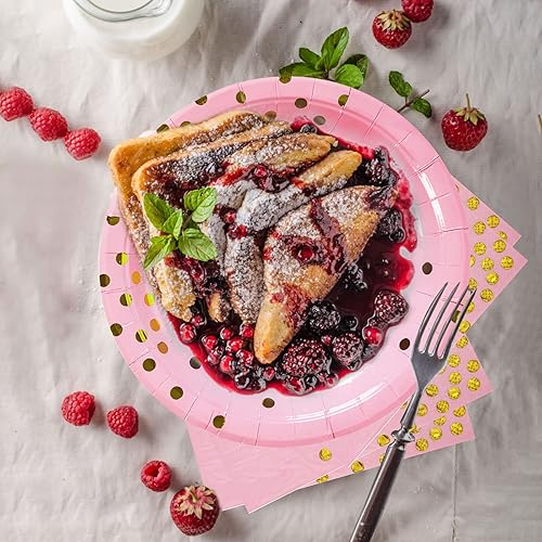 Miniatura 7 de Platos y servilletas de papel rosa y dorado, 100 unidades, platos de postre de 50 x 7 pulgadas y servilletas de 50 x 6.5 pulgadas, platos de papel